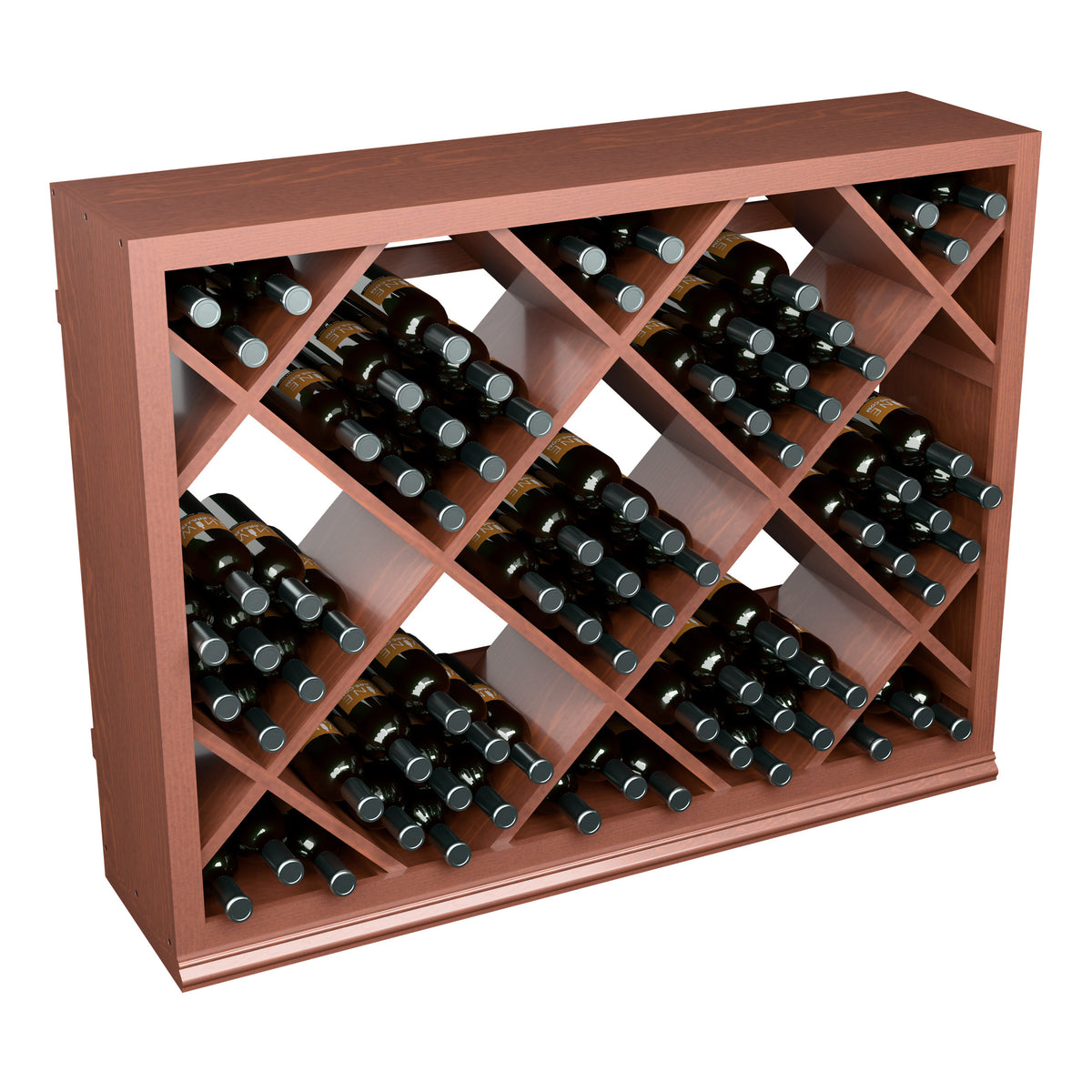 Half-height wine storage cabinet with diamond lattice, reddish wood, rows of bottles