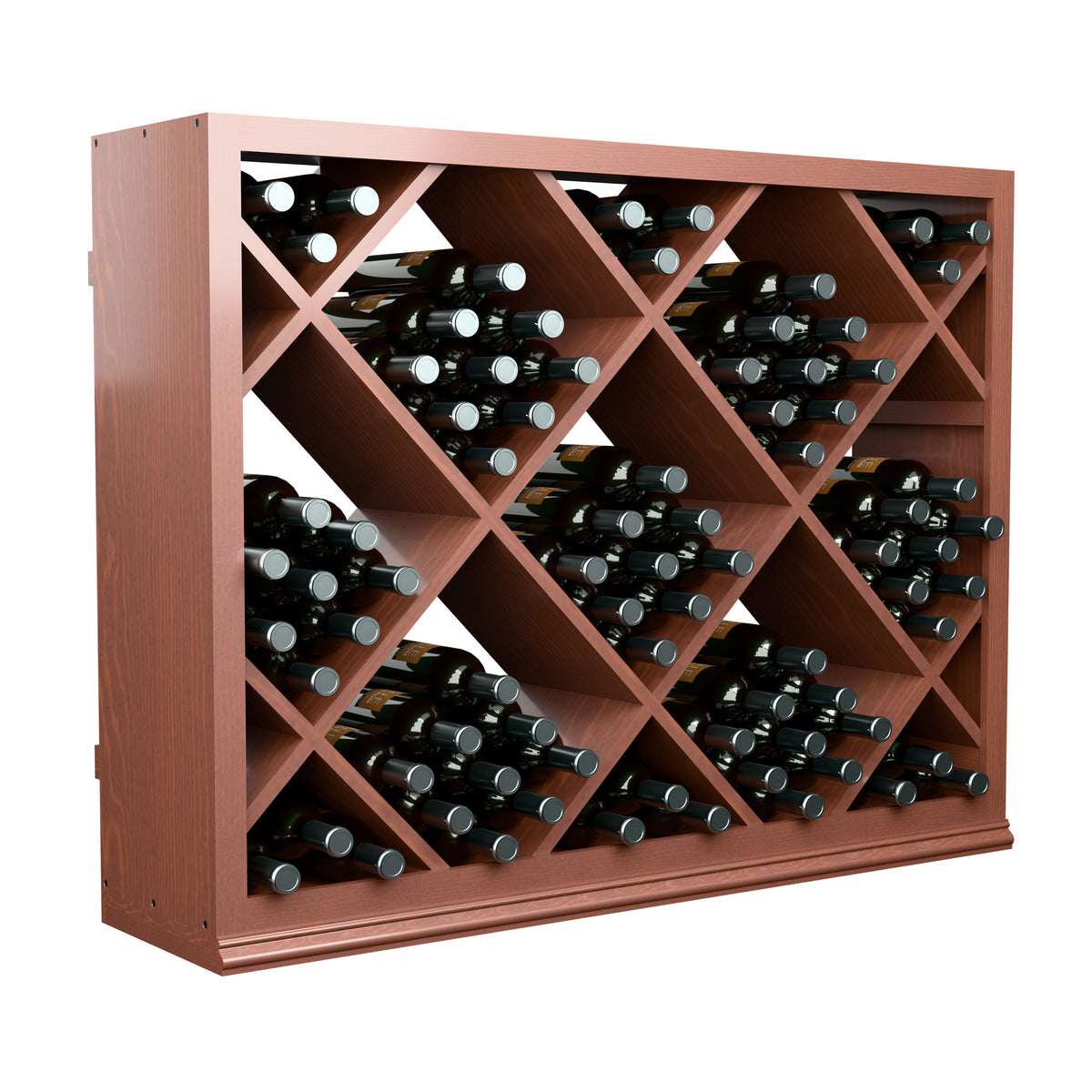Wood wine bin half-height with diamond lattice, storing bottles on angled racks