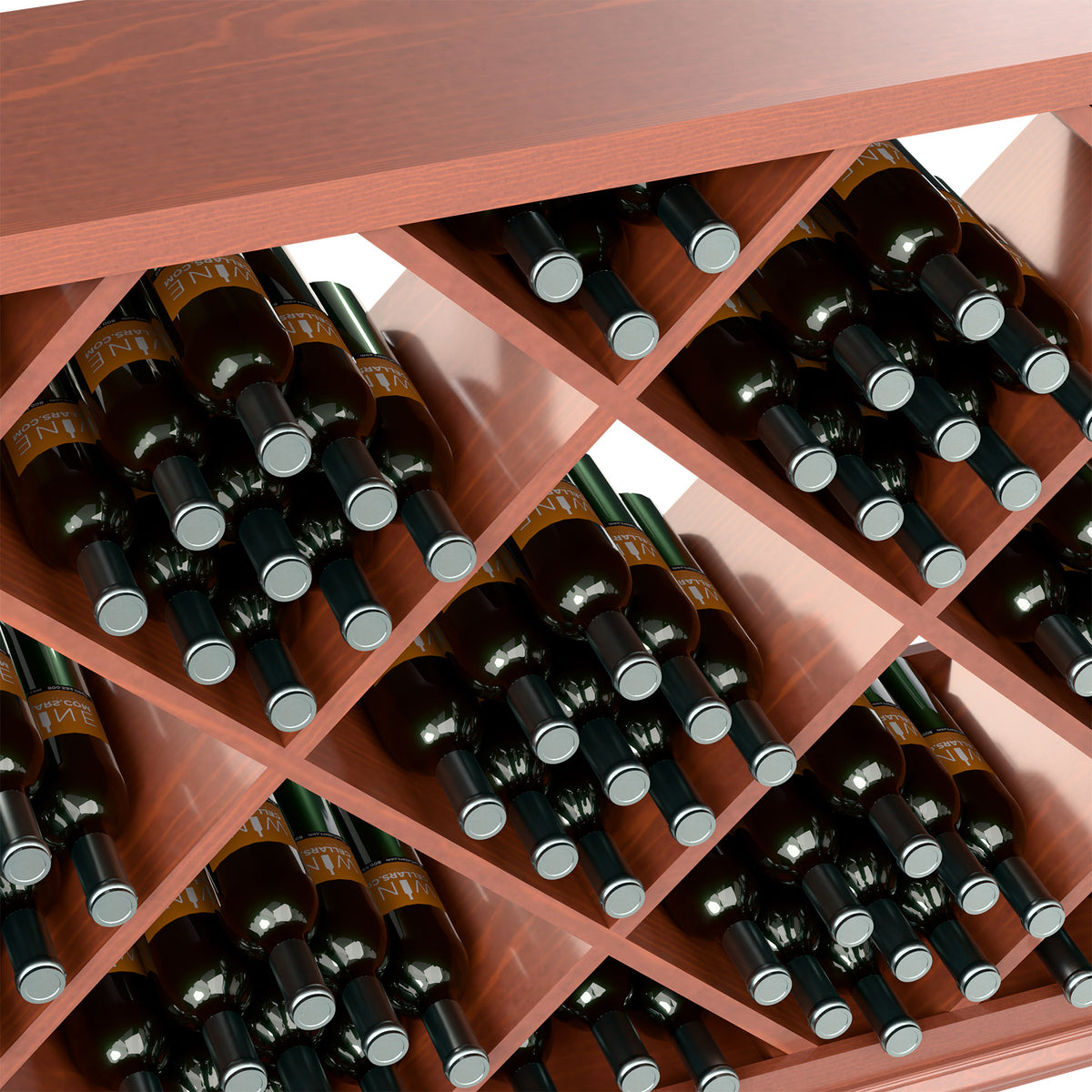 Half-height wine bin close-up: diamond lattice holds bottles in angled slots