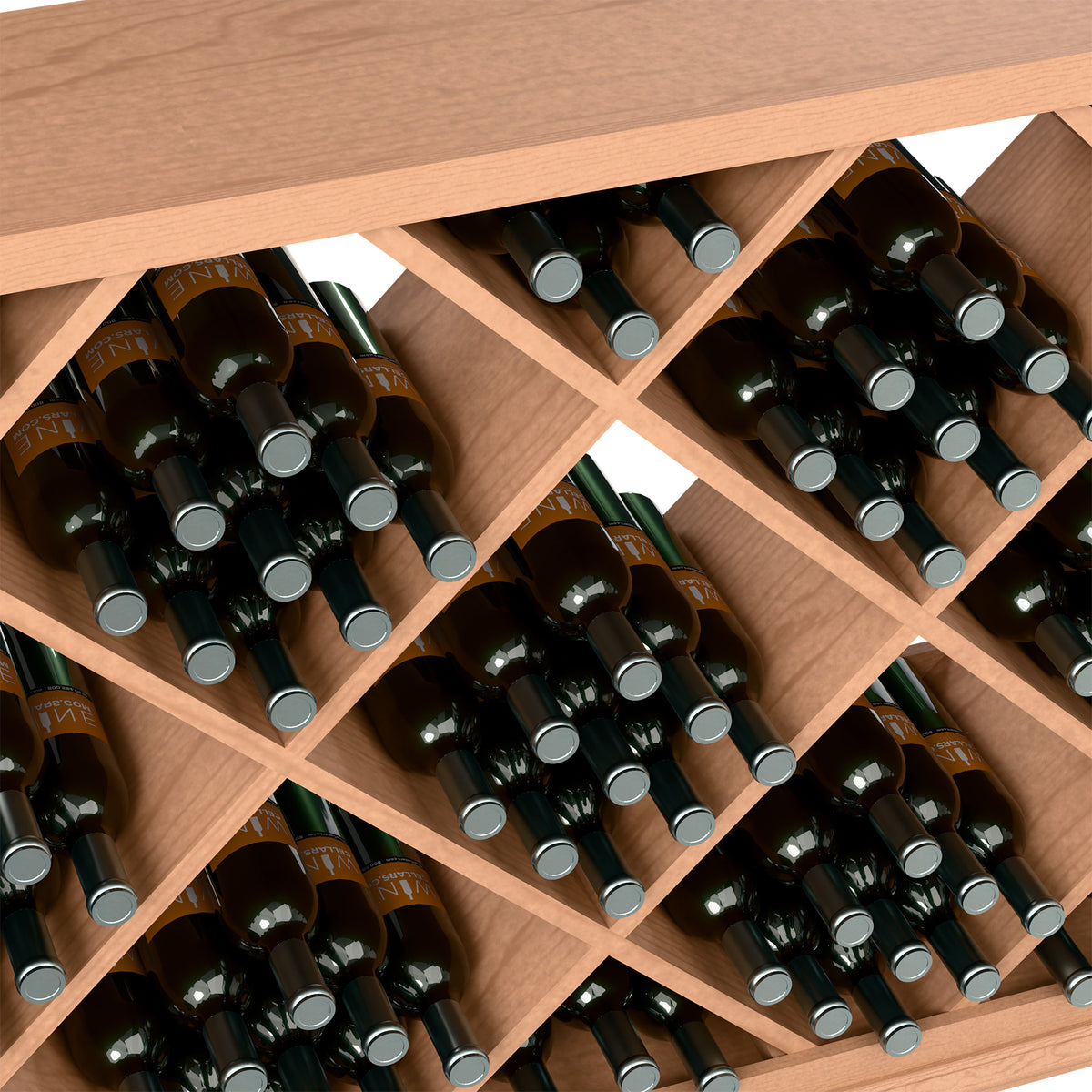 Close-up: half-height wine bin diamond lattice holding dark bottles in slots