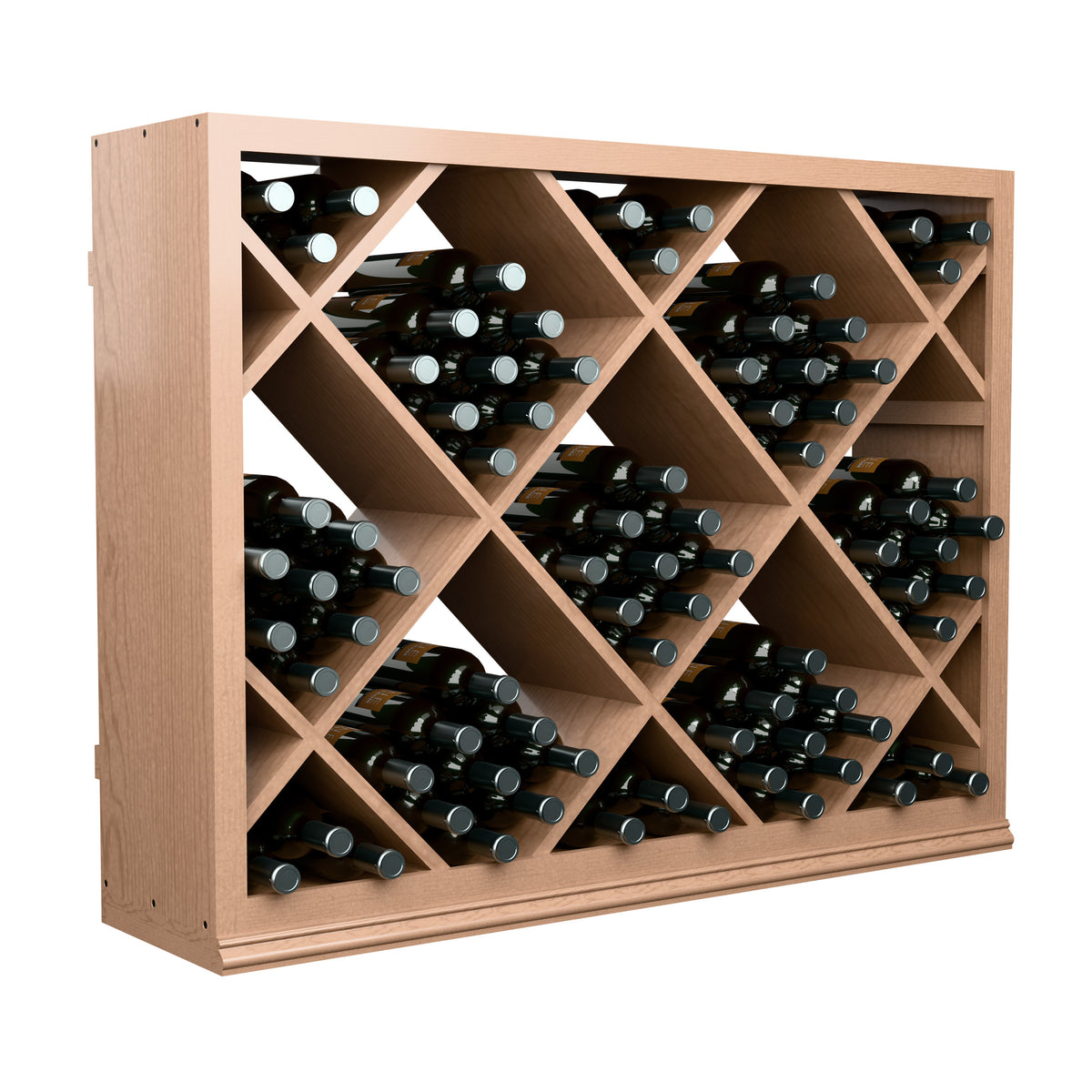Reddish wood half-height wine bin with diamond lattice, bottles displayed in rows