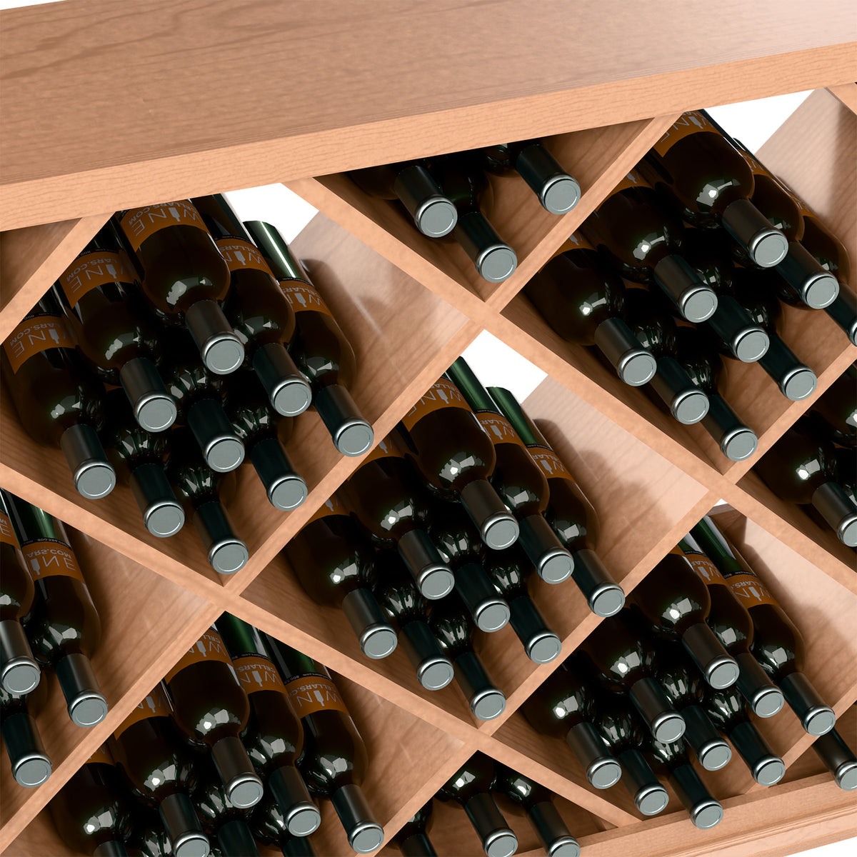 Close-up view of reddish half-height wine bin: diamond lattice holds dark bottles