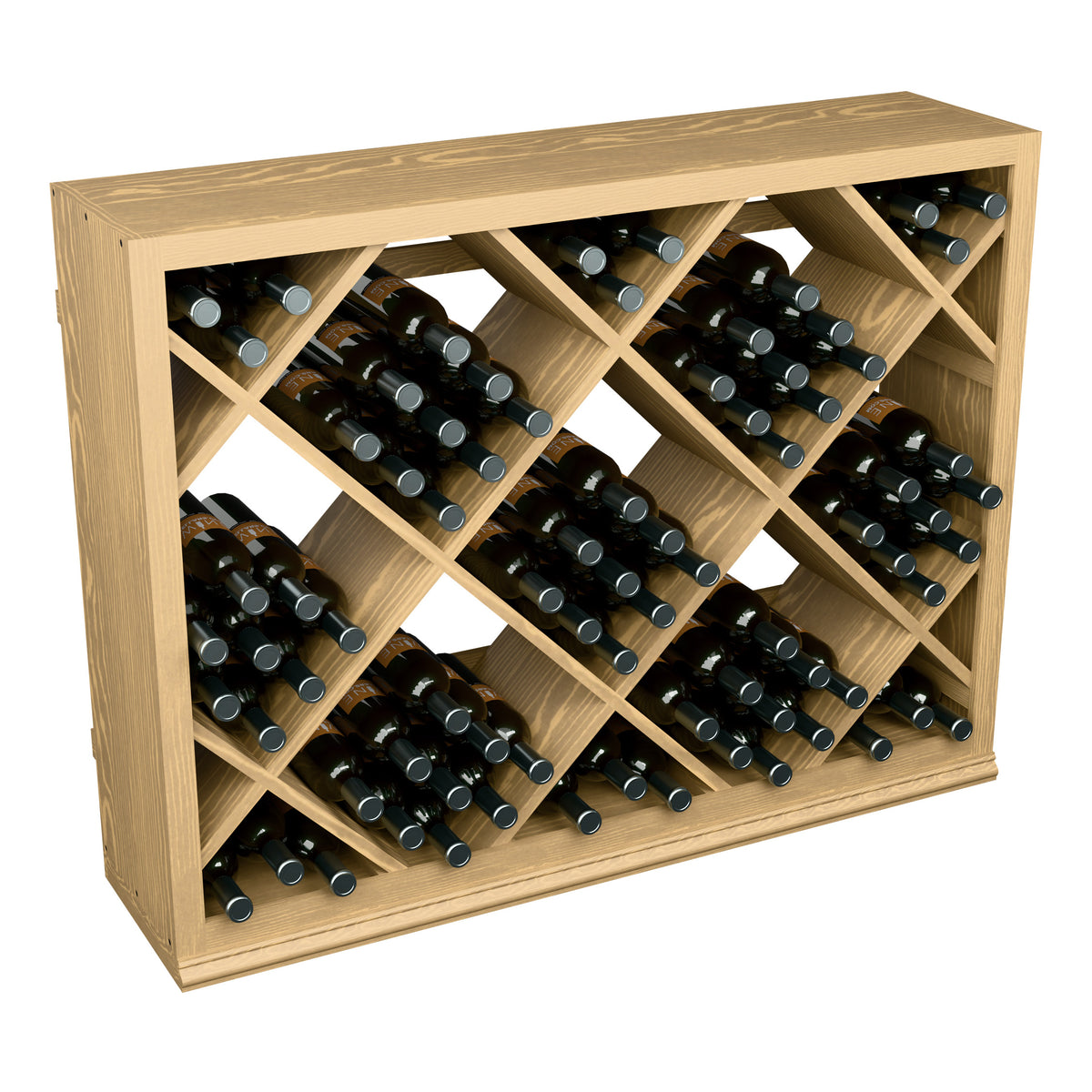 Light wood half-height wine bin with diamond lattice, bottles in angled rows