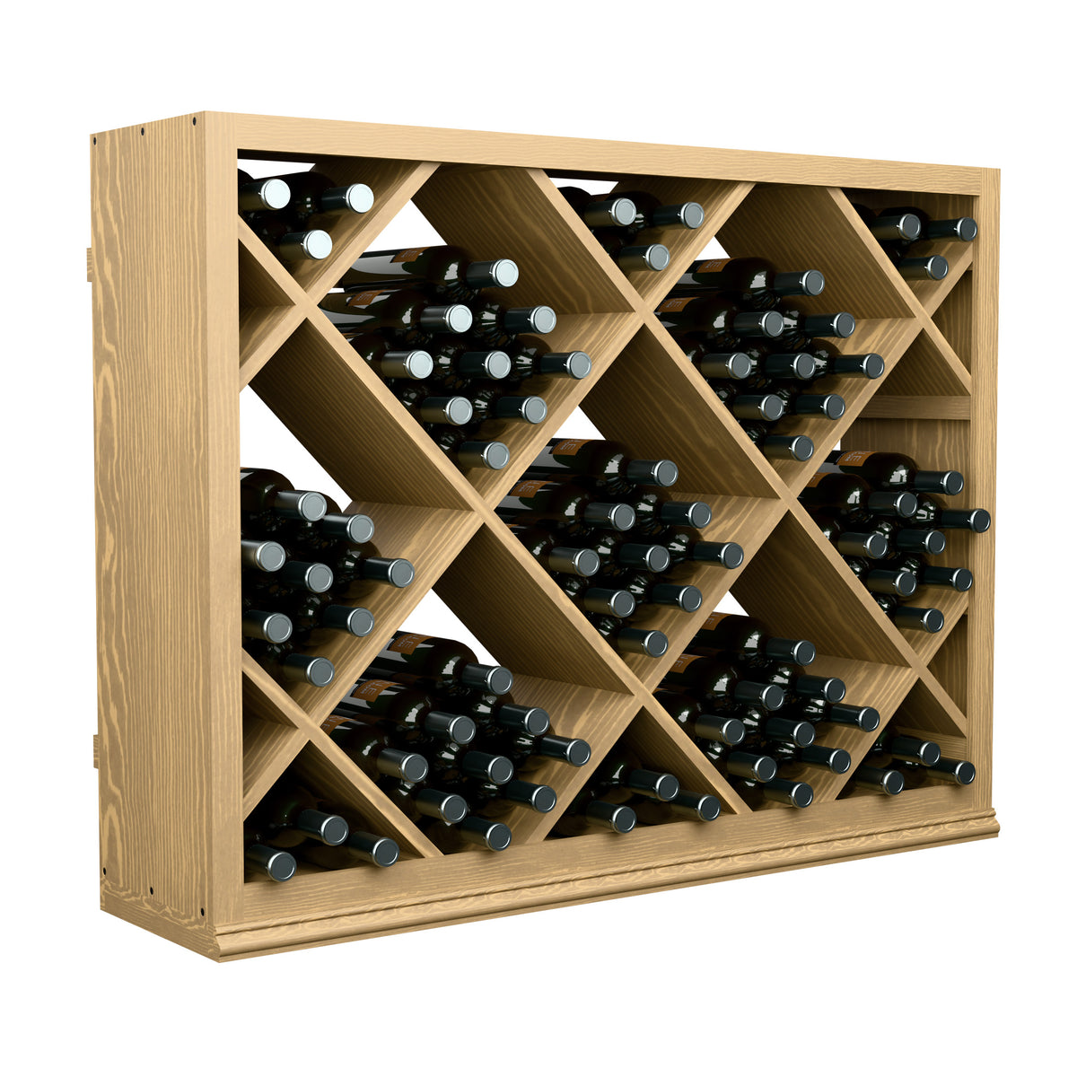 Light wood half-height wine bin with diamond lattice bottle storage in open rack