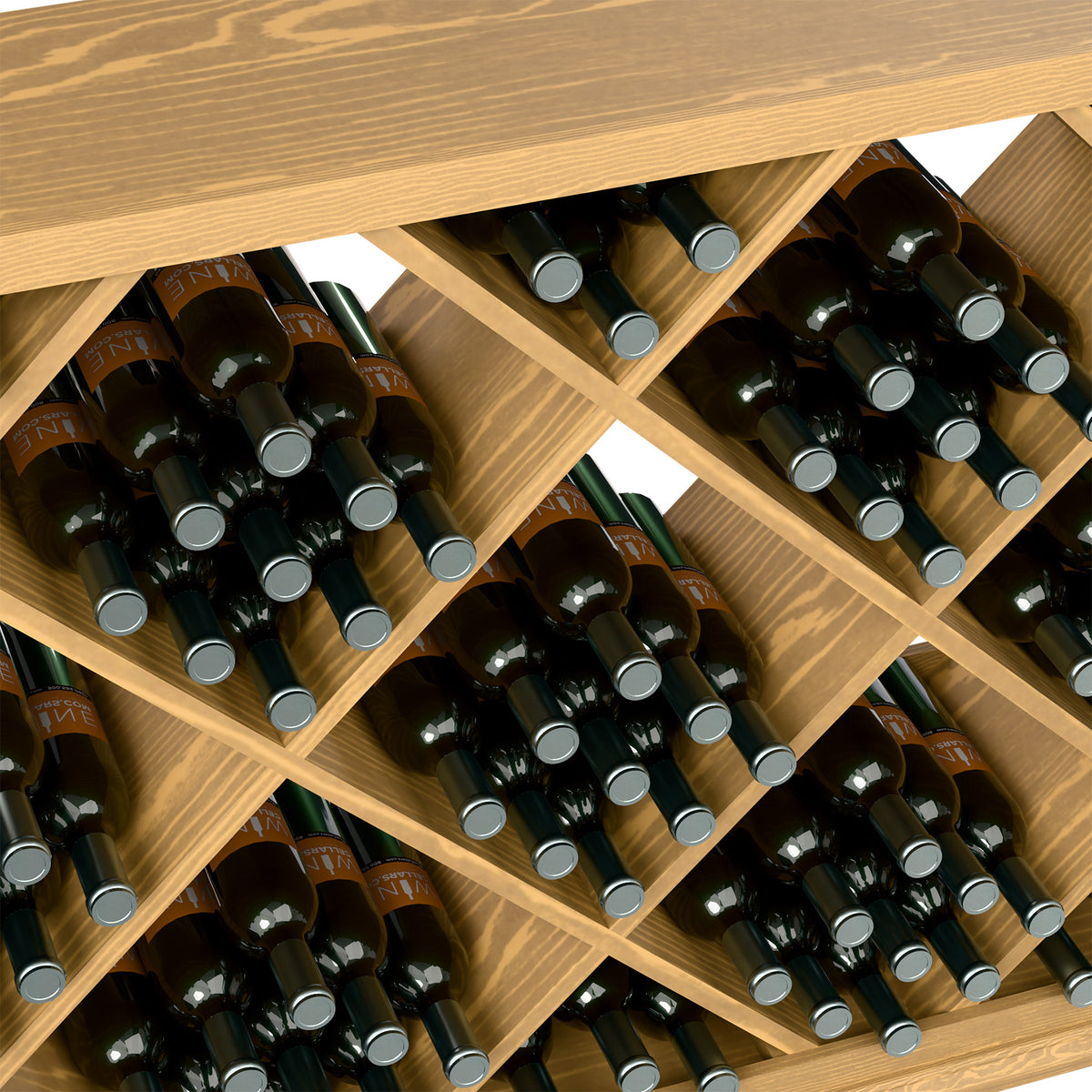 Light wood half-height wine bin with diamond slots holding dark bottles.