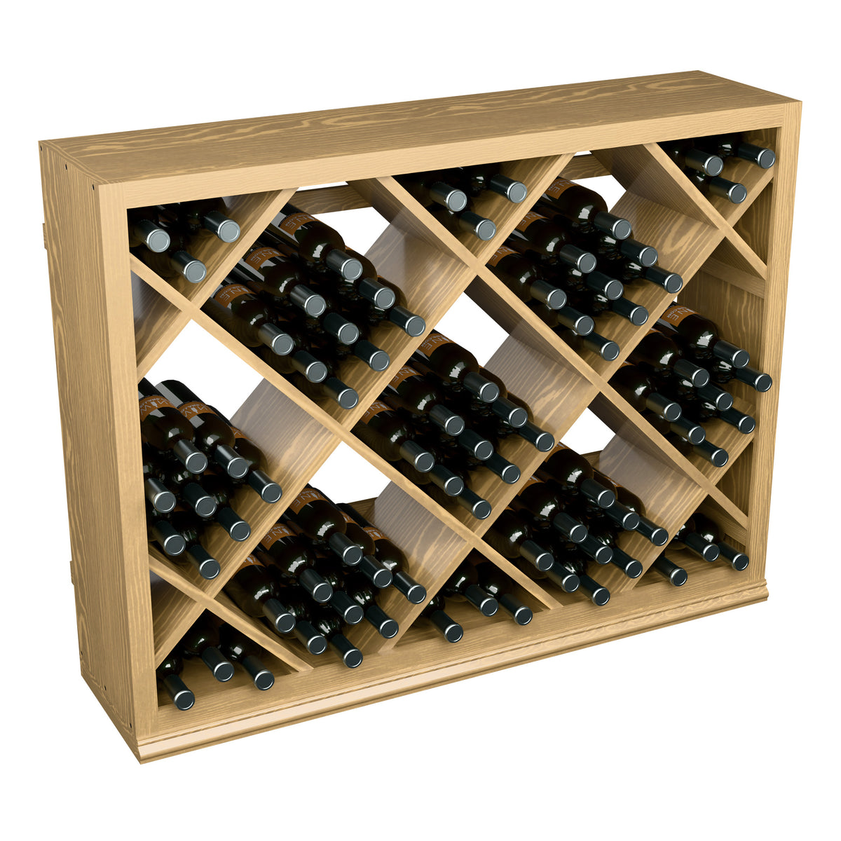 Light wood half-height wine rack with crisscross diamond compartments for bottles.