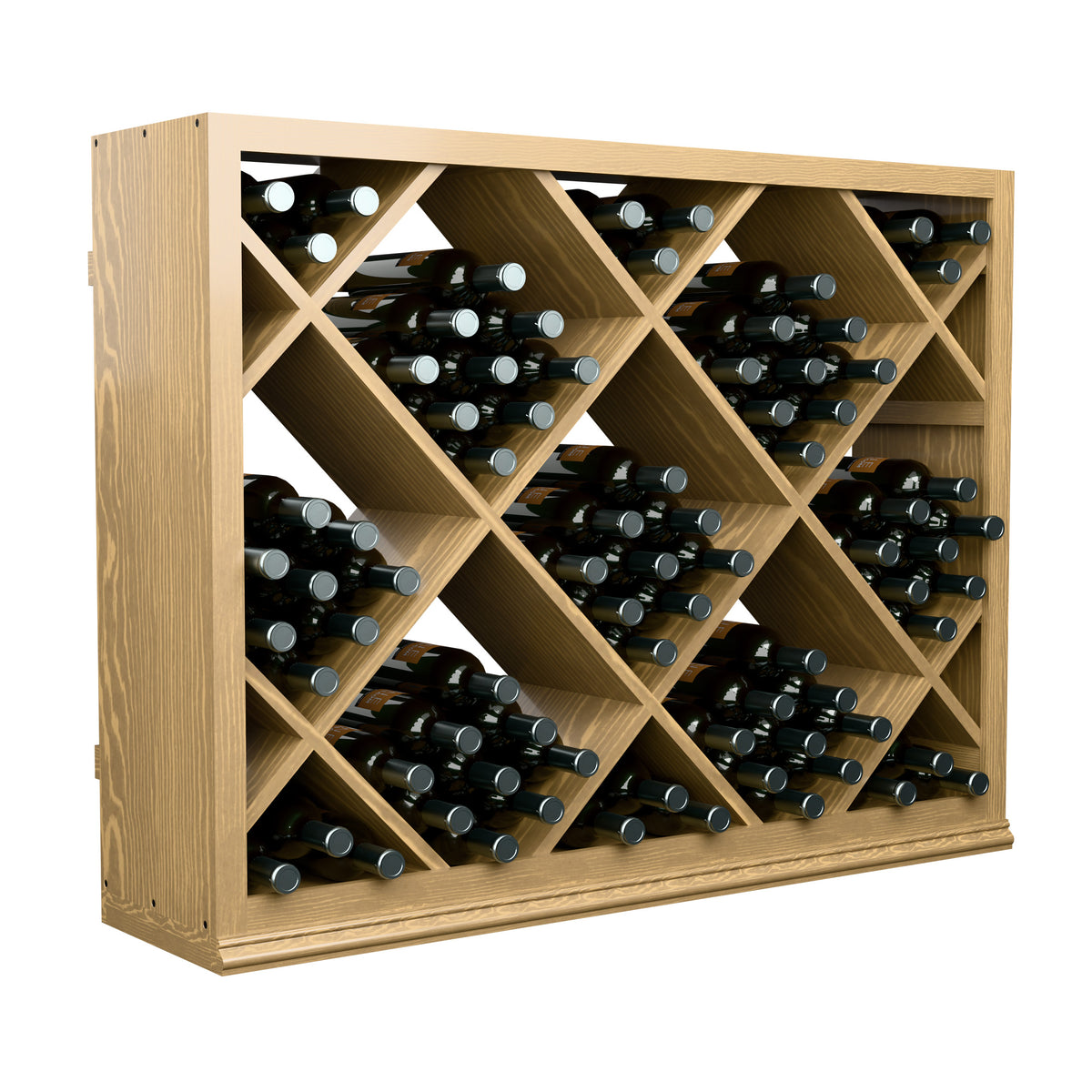 Light wood half-height wine bin showing diamond-pattern bottle storage compartments.