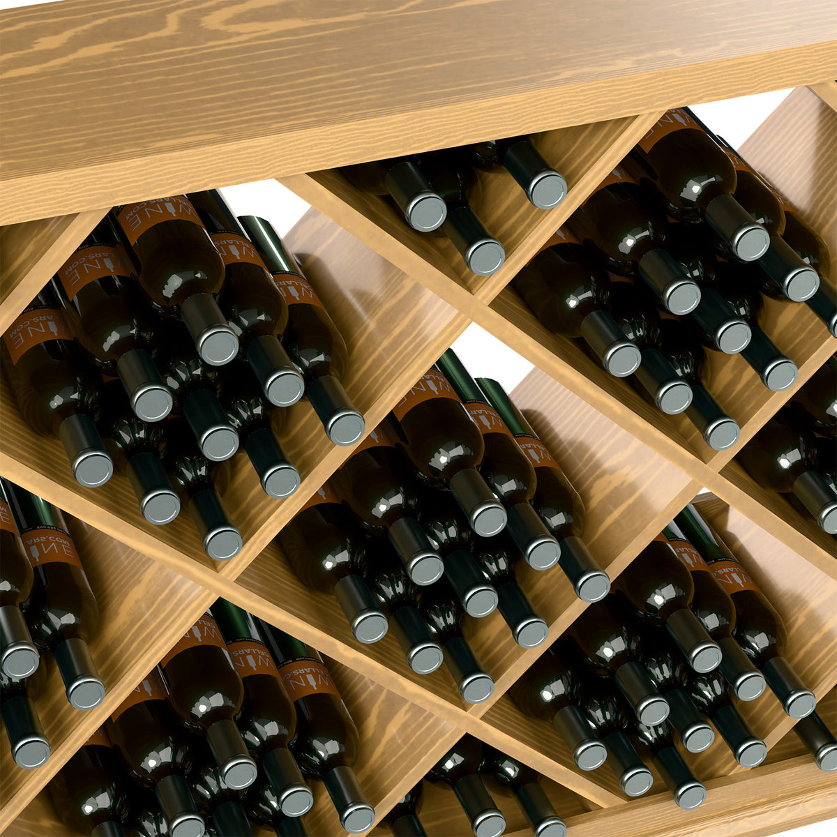 Light wood wine bin with diamond cubbies and bottle necks facing outward.