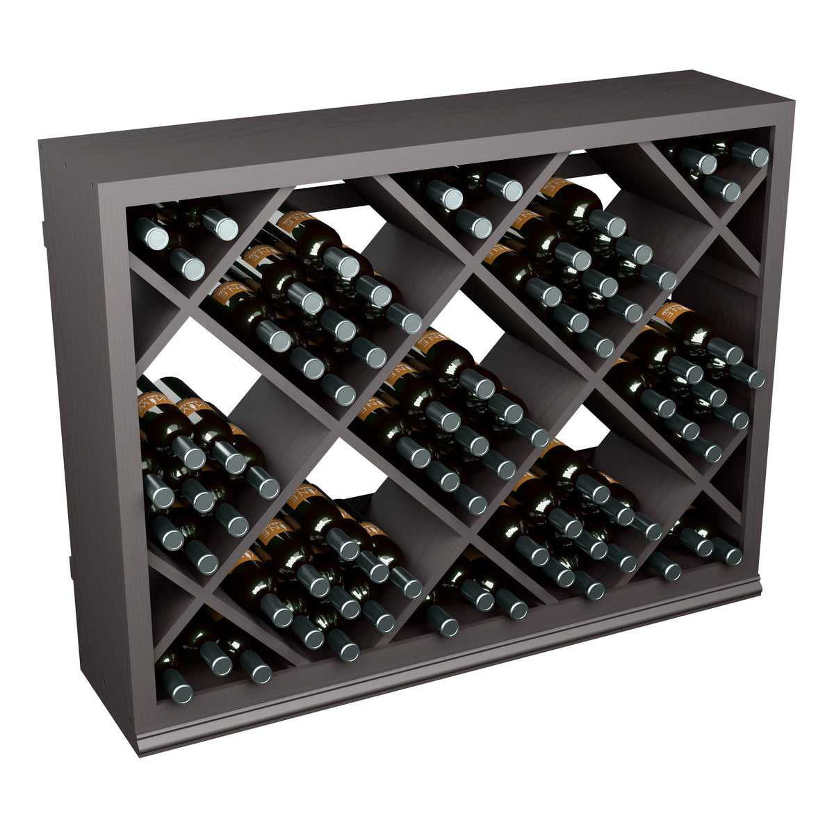 Dark wood half-height wine bin with diamond slots holding dark bottles.
