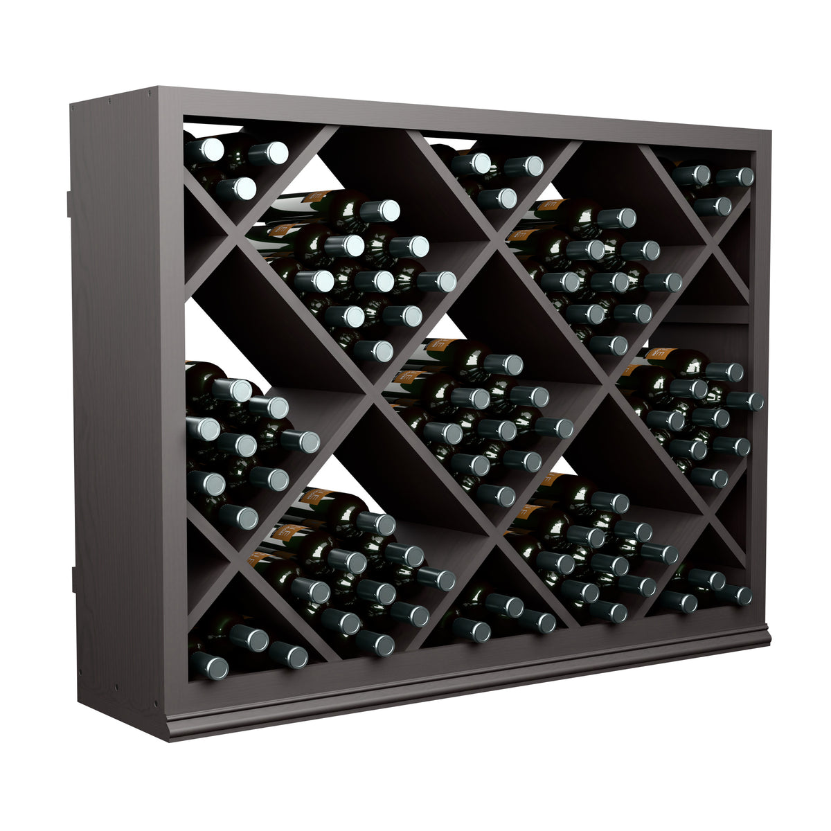 Dark half-height wine rack with diamond-pattern compartments for wine bottles.