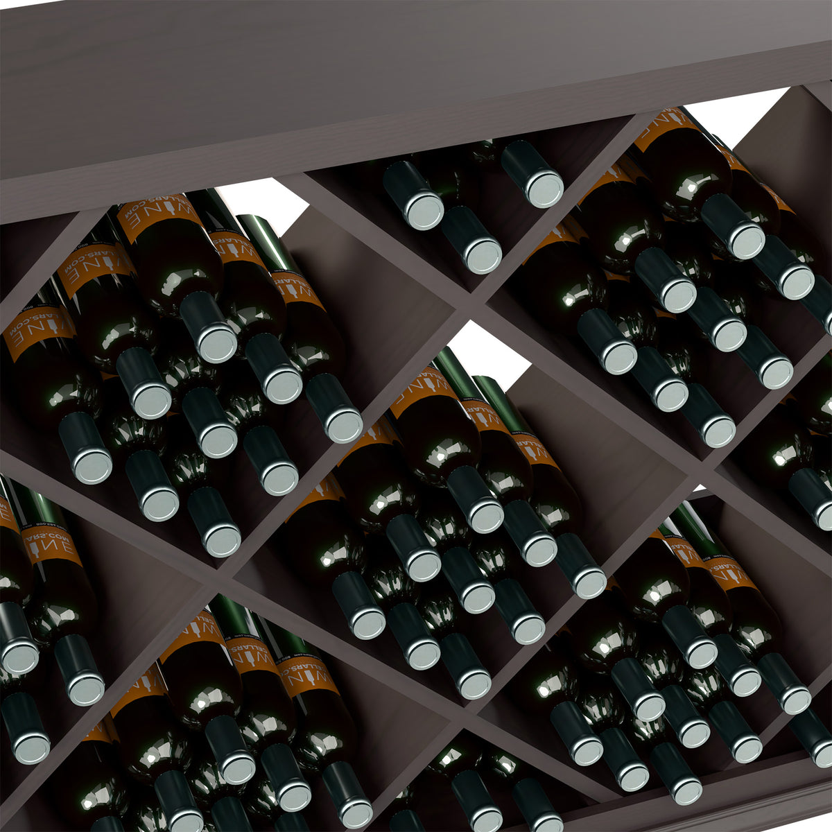 Dark wine bin detail: diamond cubbies with bottle necks and labels visible.