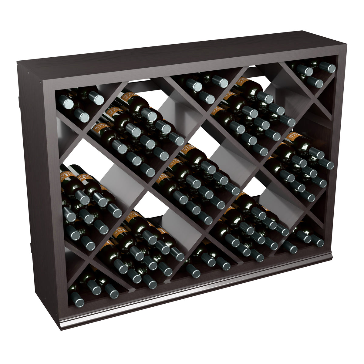 Dark wood half-height wine rack with crisscross diamond compartments for bottles.