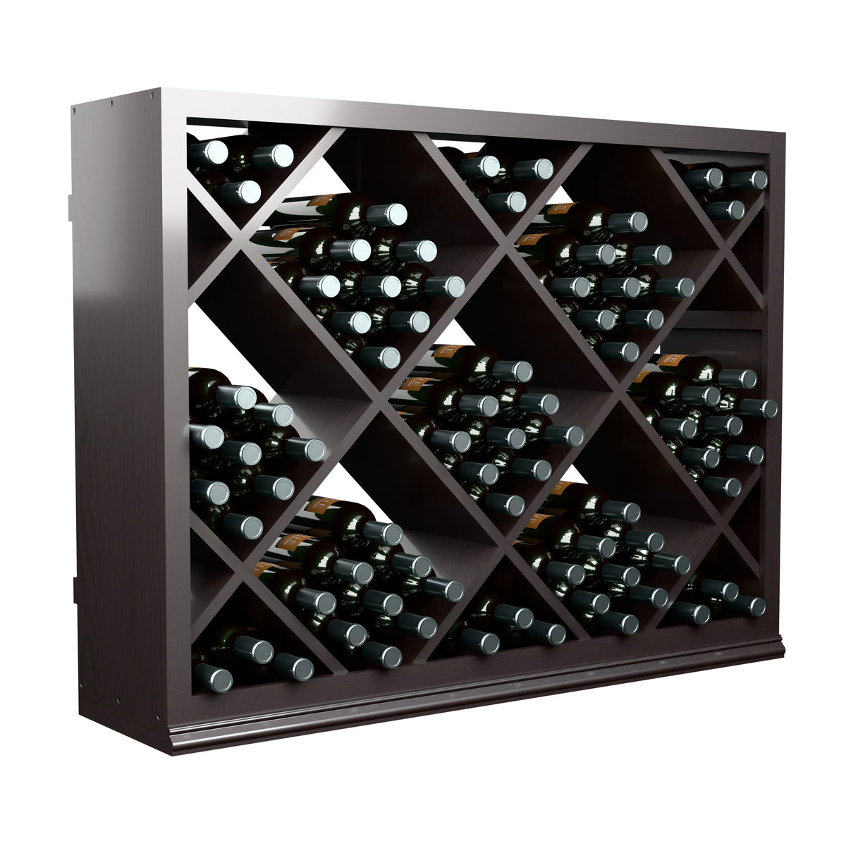 Dark half-height wine bin showing diamond-pattern bottle storage compartments.