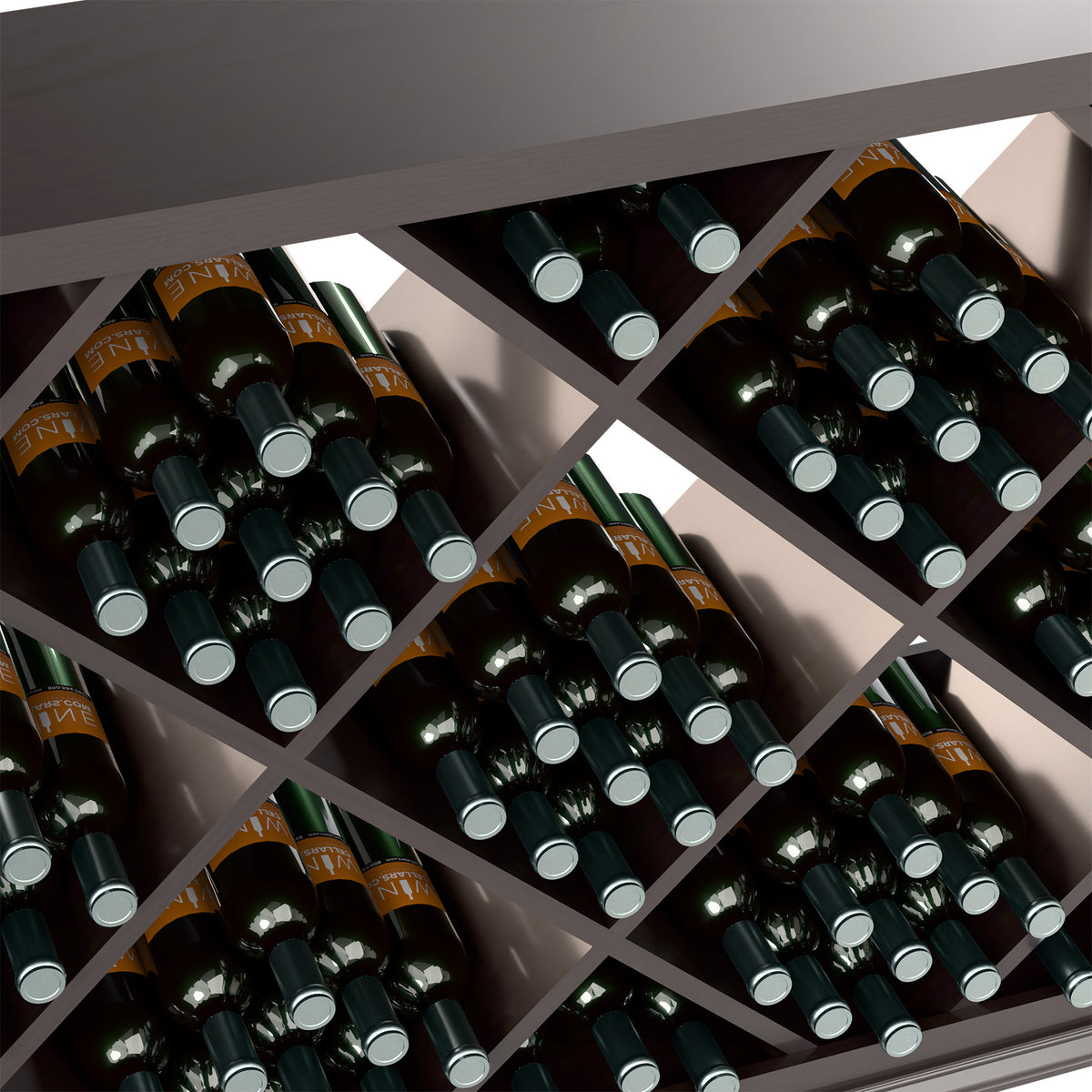 Dark wine bin close-up with diamond cubbies and bottle necks facing outward.