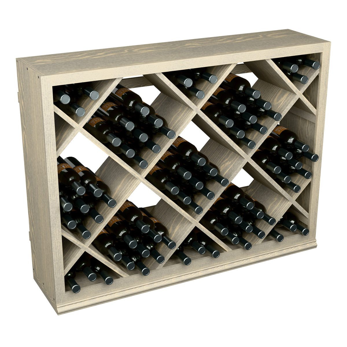 Half-height wine storage bin with diamond lattice cells holding black wine bottles