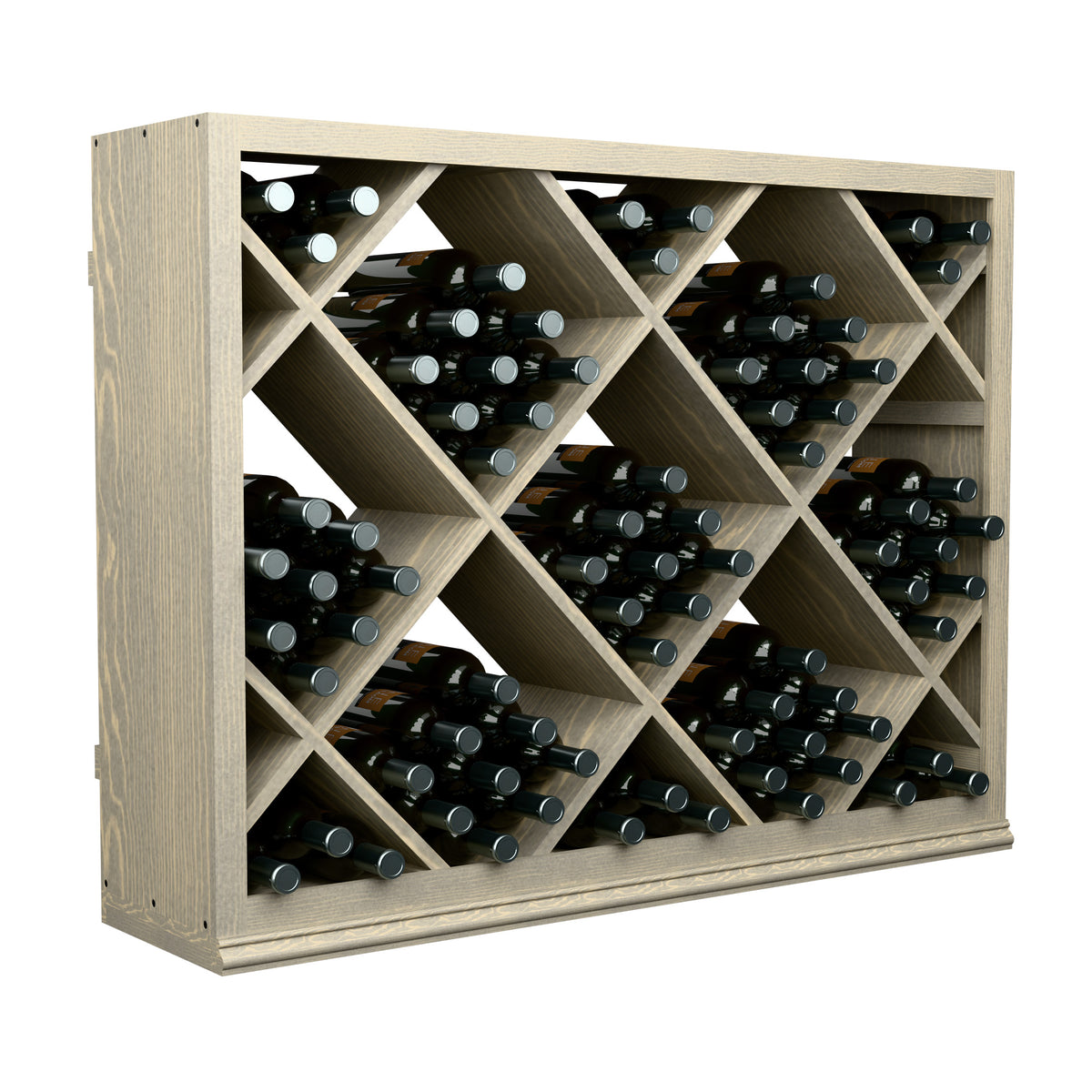 Light wood half-height wine storage bin, diamond lattice, rows of black wine bottles