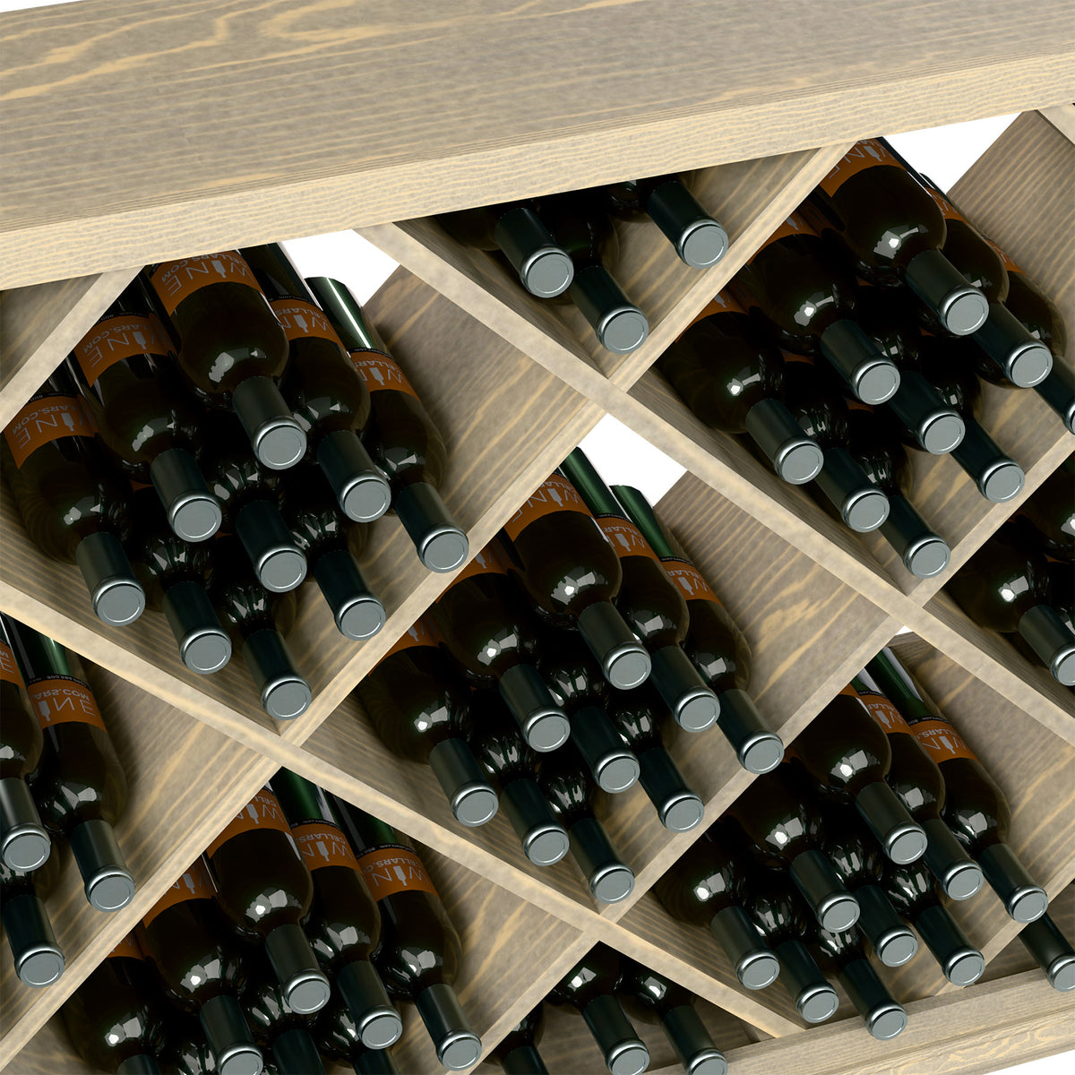 Diamond lattice wine rack close-up with black wine bottles and silver caps
