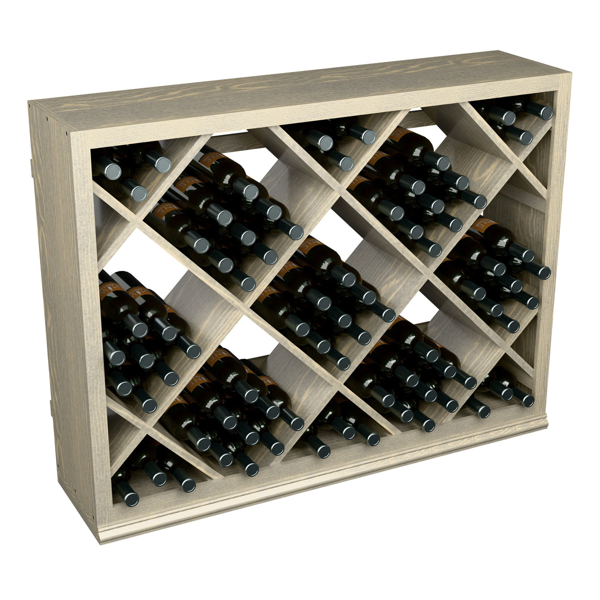 Half-height wine storage bin in light wood with diamond lattice and black wine bottles