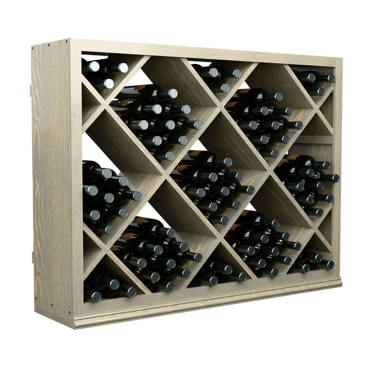 Light wood half-height wine storage bin with diamond lattice compartments holding wine bottles