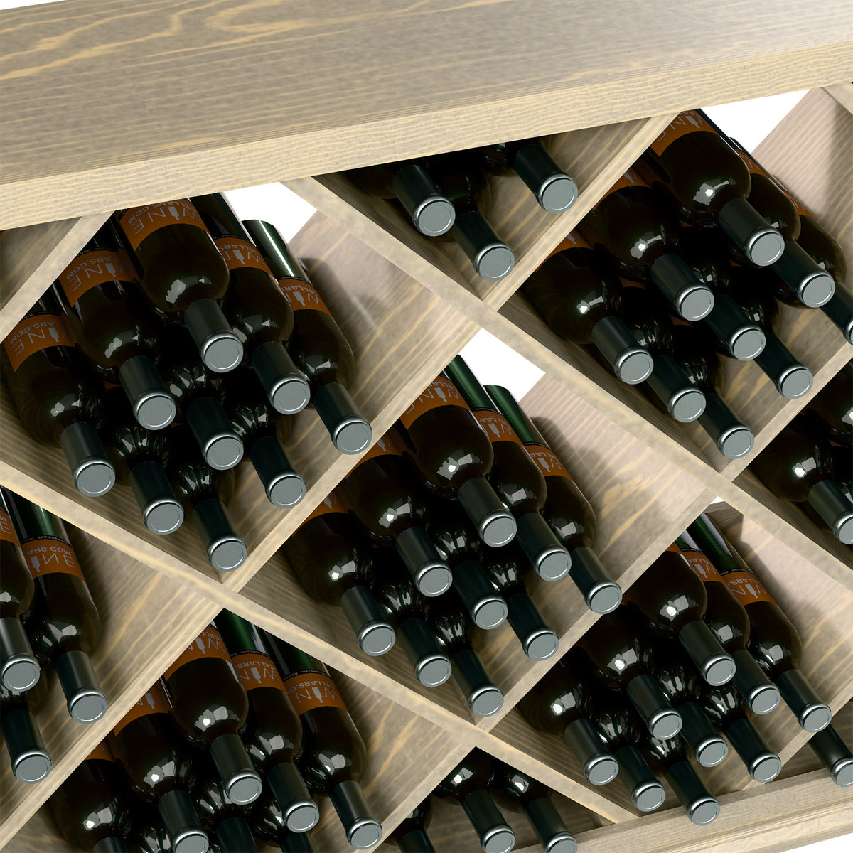 Diamond lattice wine rack close-up showing black wine bottles with silver caps