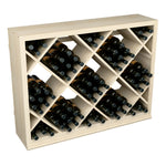 Light wood half-height wine storage bin with diamond lattice, black wine bottles