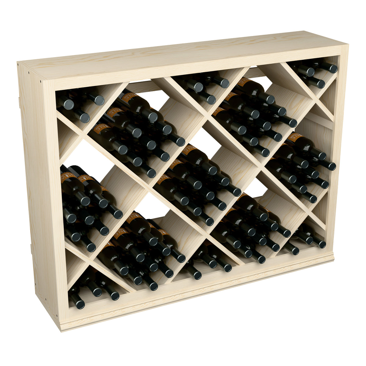 Light wood half-height wine storage bin with diamond lattice, black wine bottles