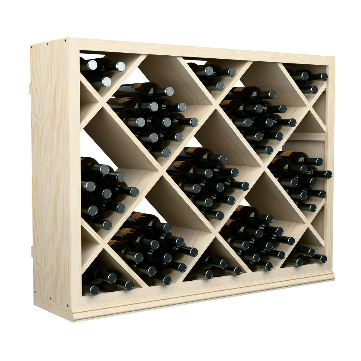 Light wood diamond lattice wine bin with rows of black wine bottles, half height