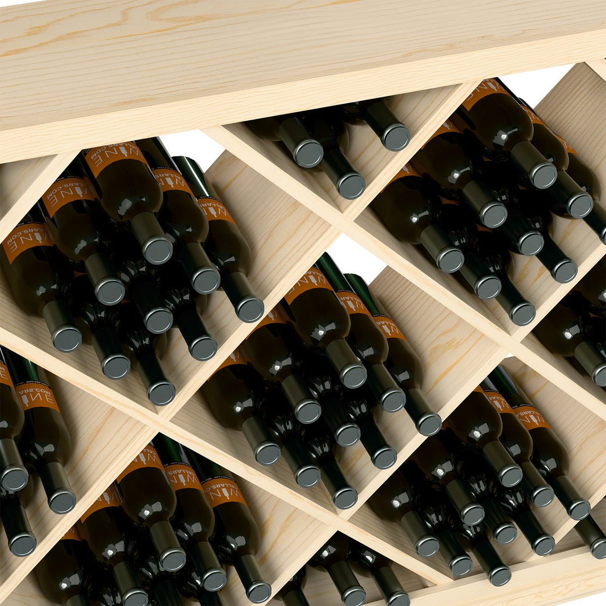 Top view close-up of diamond lattice wine bin with black bottles and silver caps