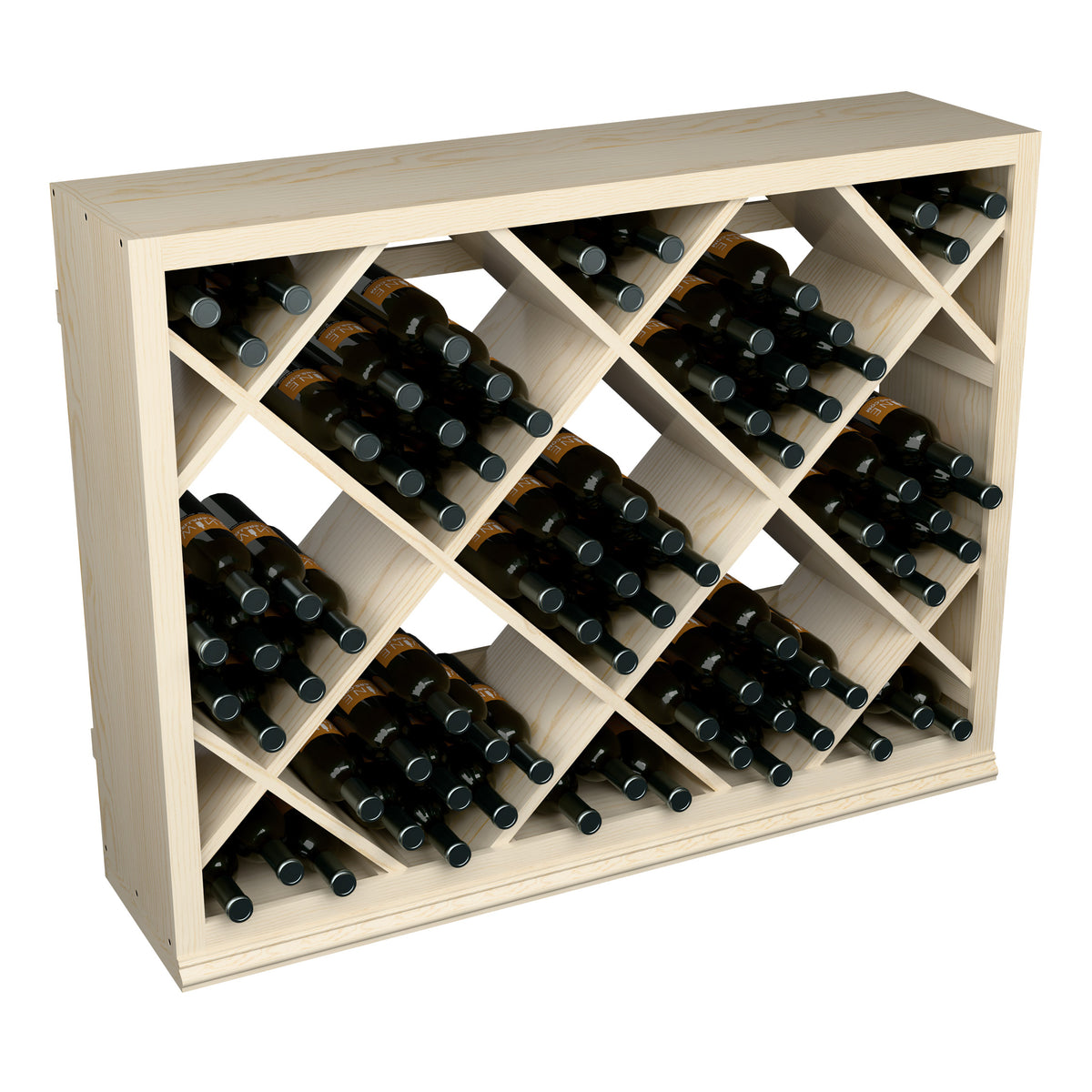 Half-height diamond wine bin made of light wood holding black wine bottles
