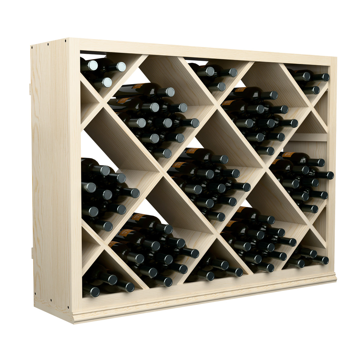Half-height wine bottle storage cabinet with diamond lattice wine rack, light wood and bottles