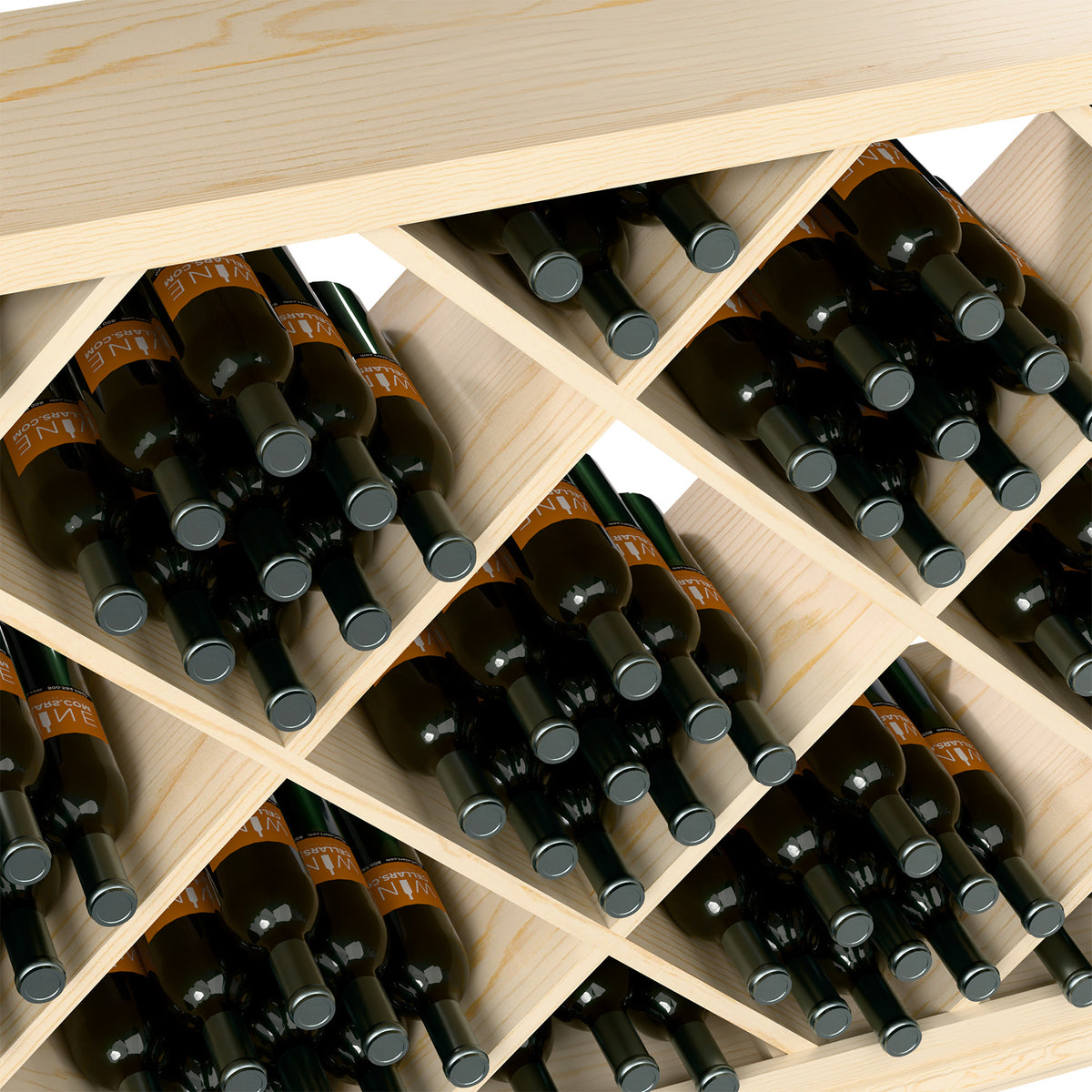 Half-height wine rack close-up showing diamond cells holding black wine bottles in light wood