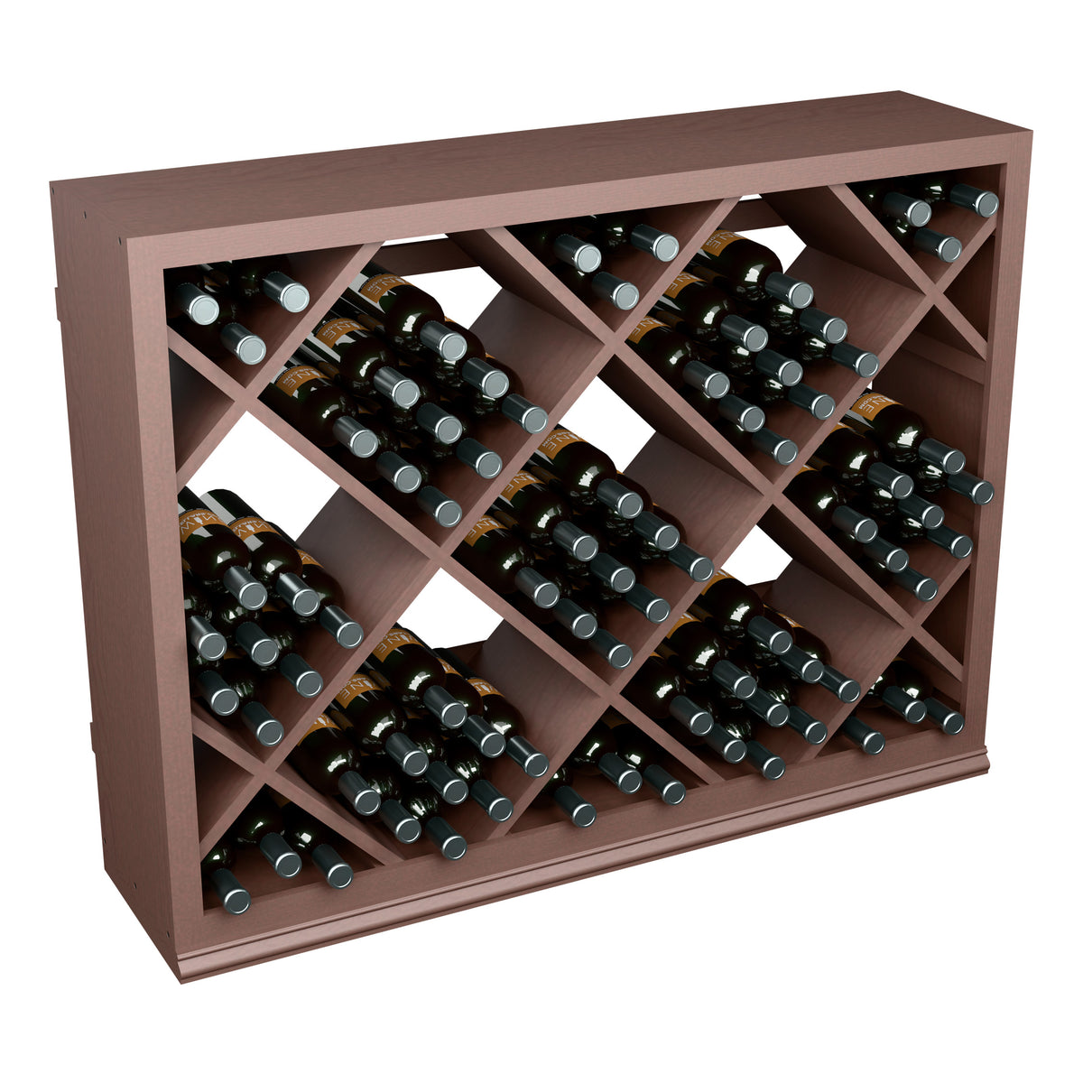 Half-height wine bottle cabinet with diamond lattice wine rack, dark brown wood and bottles