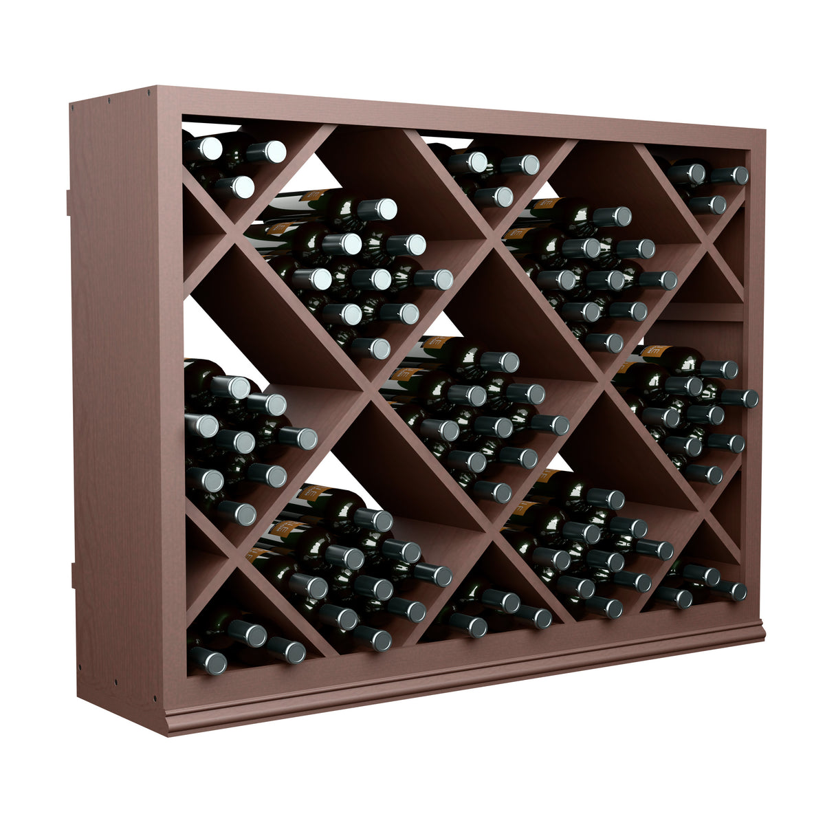 Half-height wine bottle storage cabinet with diamond lattice rack, dark brown finish and bottles