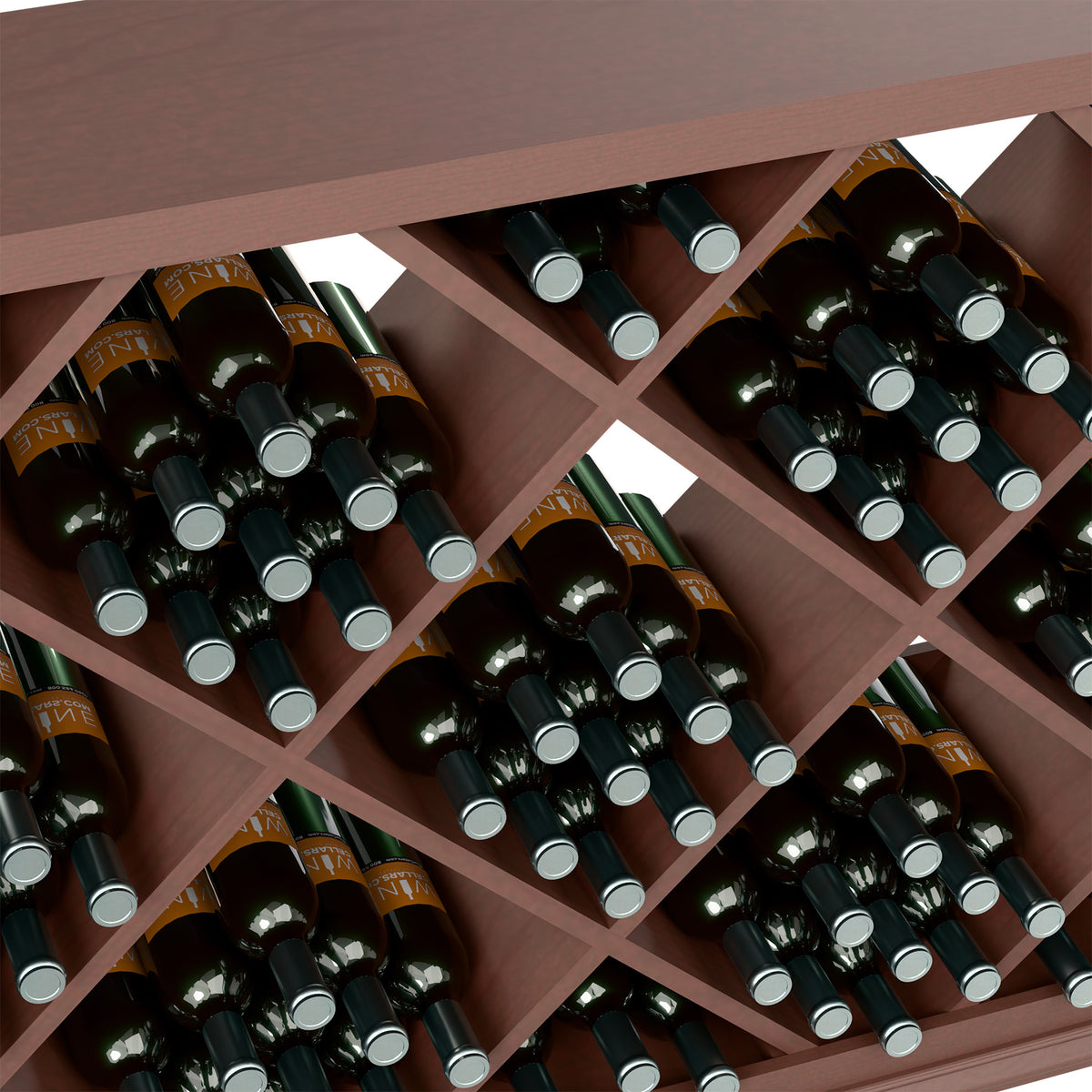 Half-height wine rack close-up with diamond compartments holding black bottles in dark wood
