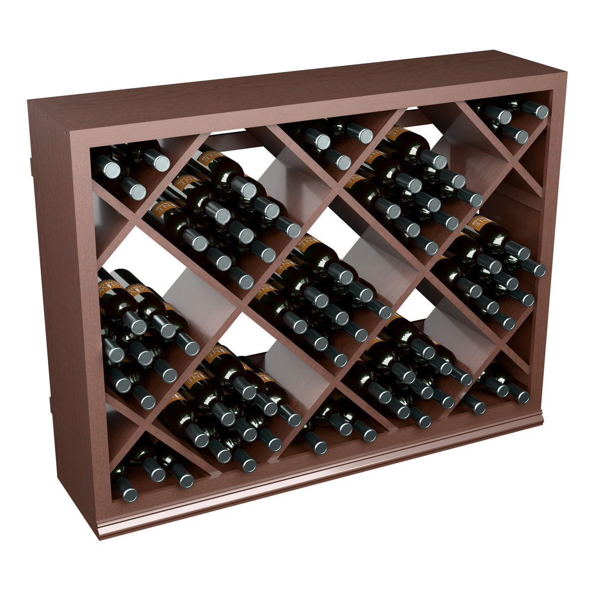 Half-height wine bottle storage cabinet with diamond lattice rack, dark brown wood and bottles