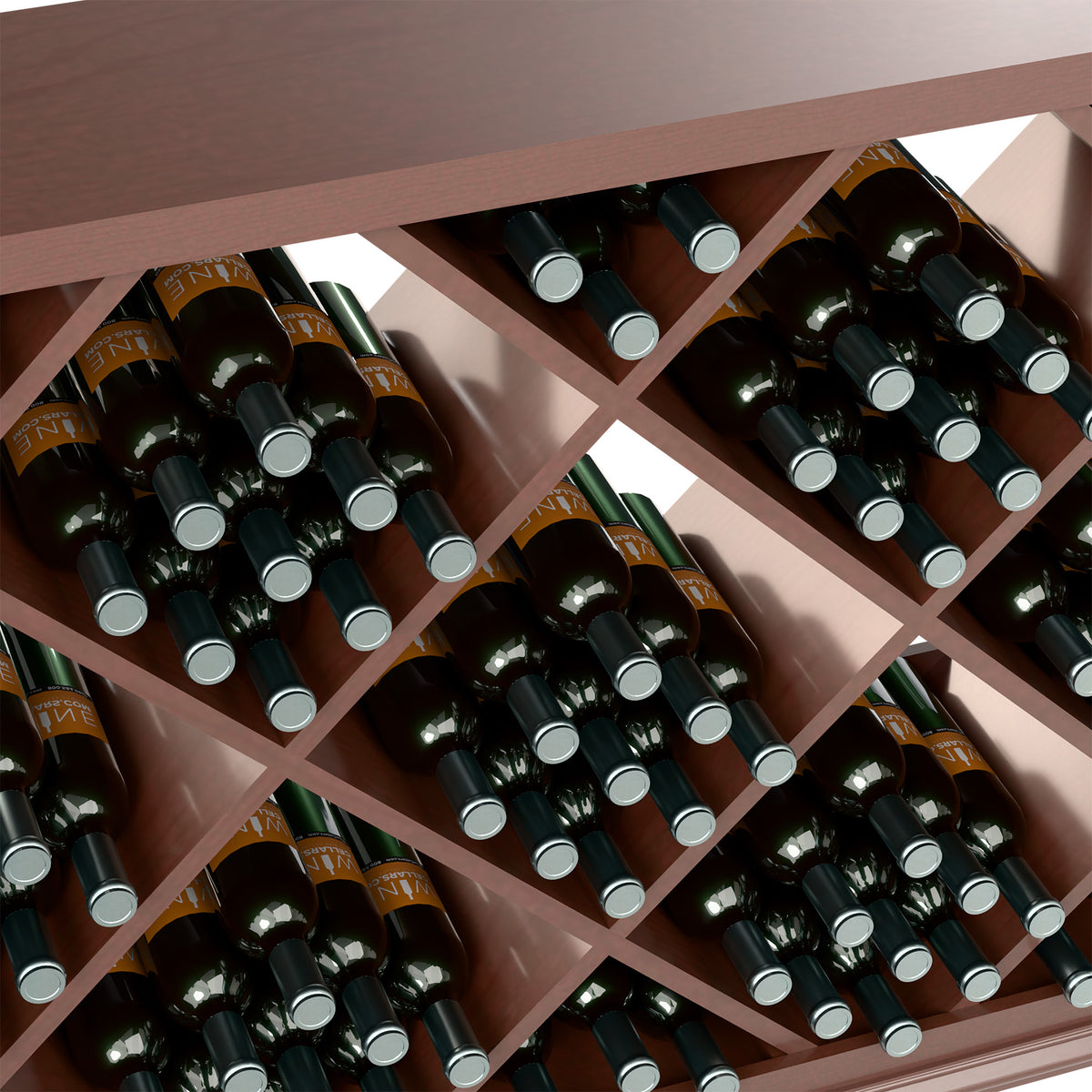 Half-height wine rack close-up showing diamond cells holding black wine bottles in dark wood
