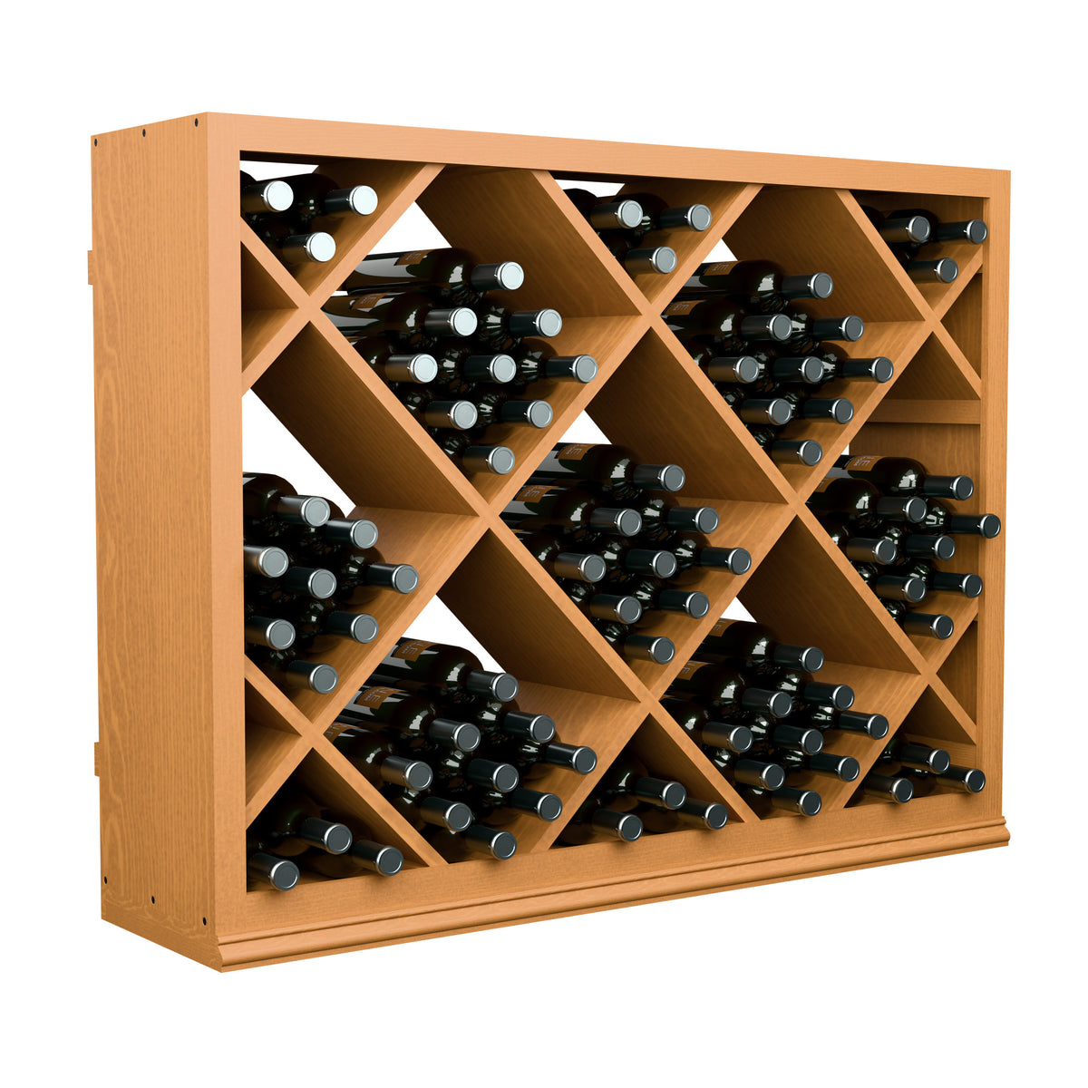 Half-height wine bottle storage cabinet with diamond lattice wine rack, light wood and bottles