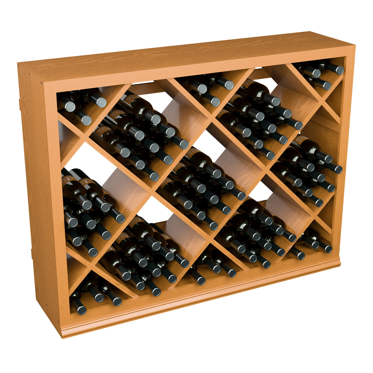 Natural wood half-height wine bottle rack with diamond lattice storage compartments