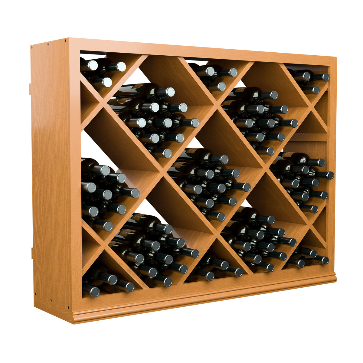 Natural wood half-height wine bottle rack, front view with diamond divider compartments