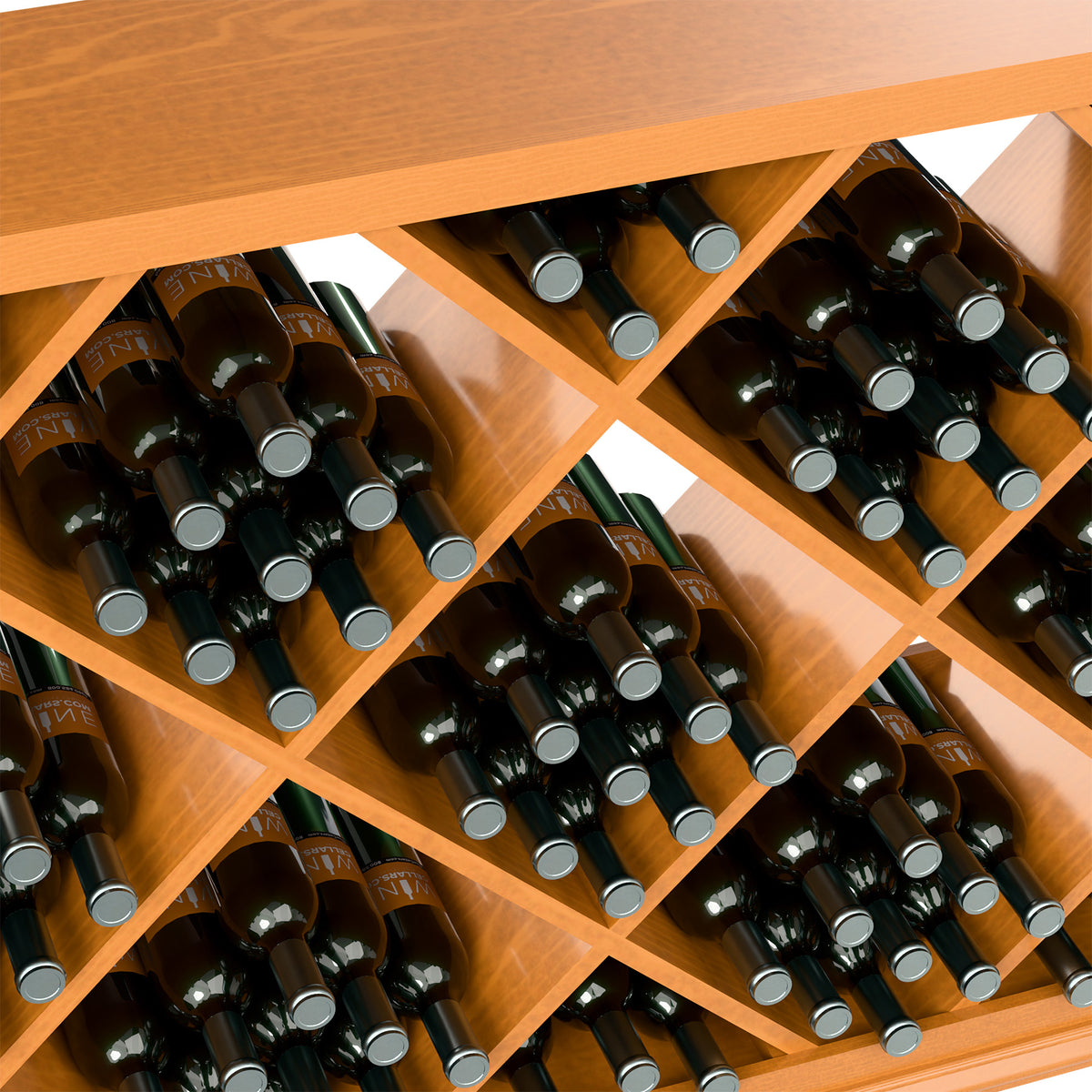 Natural wood half-height wine bottle rack corner view with diamond bottle slots