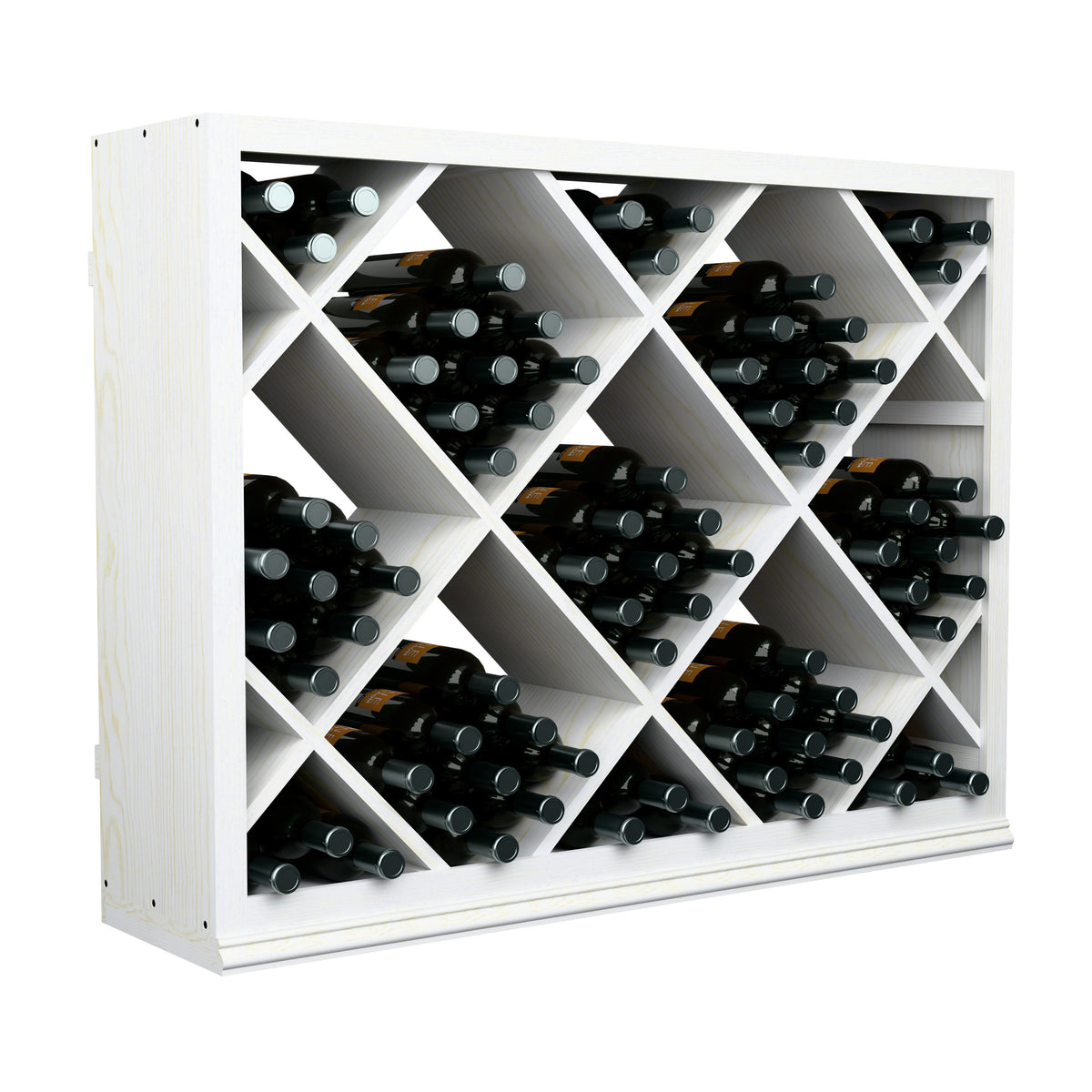 White half-height wine bottle rack, front view with diamond divider compartments