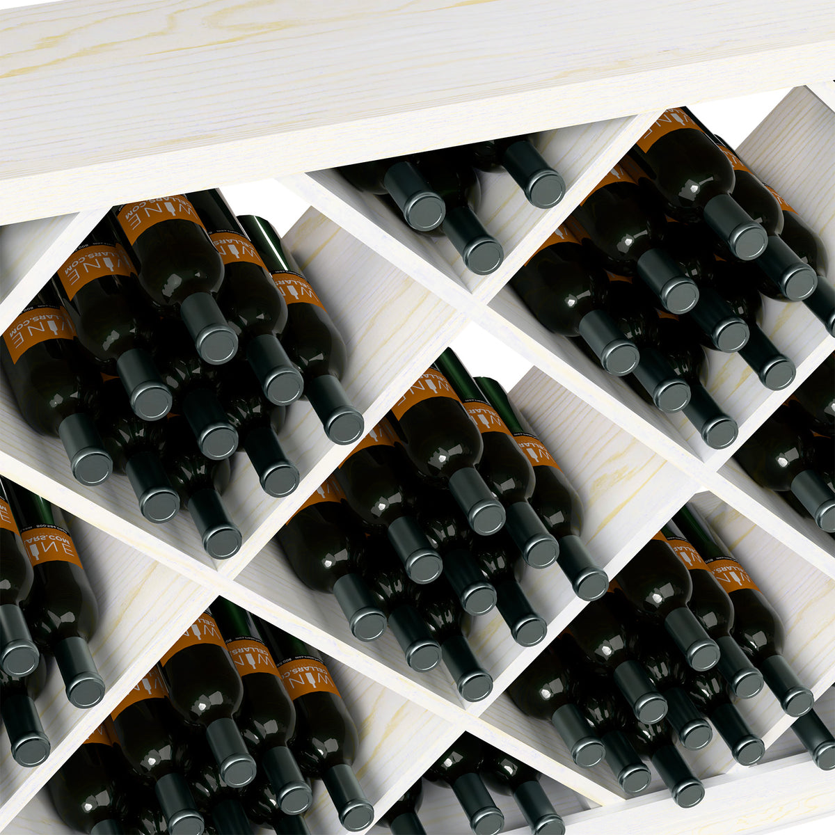 Light wood half-height wine bottle rack close-up of diamond bottle slots