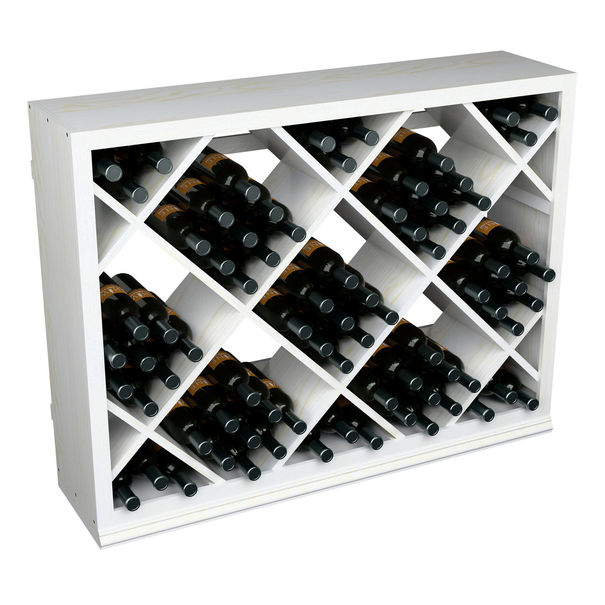 Light wood half-height wine bottle rack with diamond lattice bottle storage