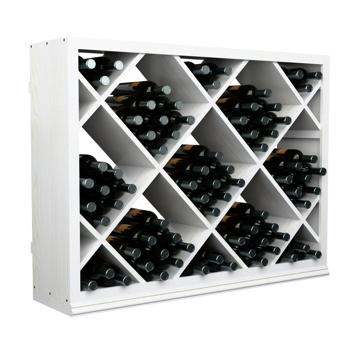 Light wood half-height wine bottle rack, front view with diamond compartment shelves