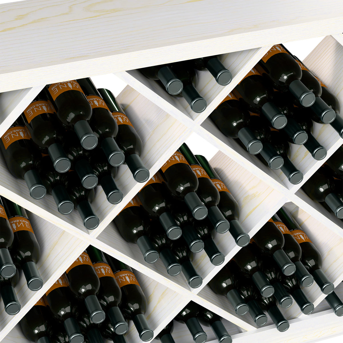 Light wood half-height wine bottle rack close-up of diamond-pattern bottle holders