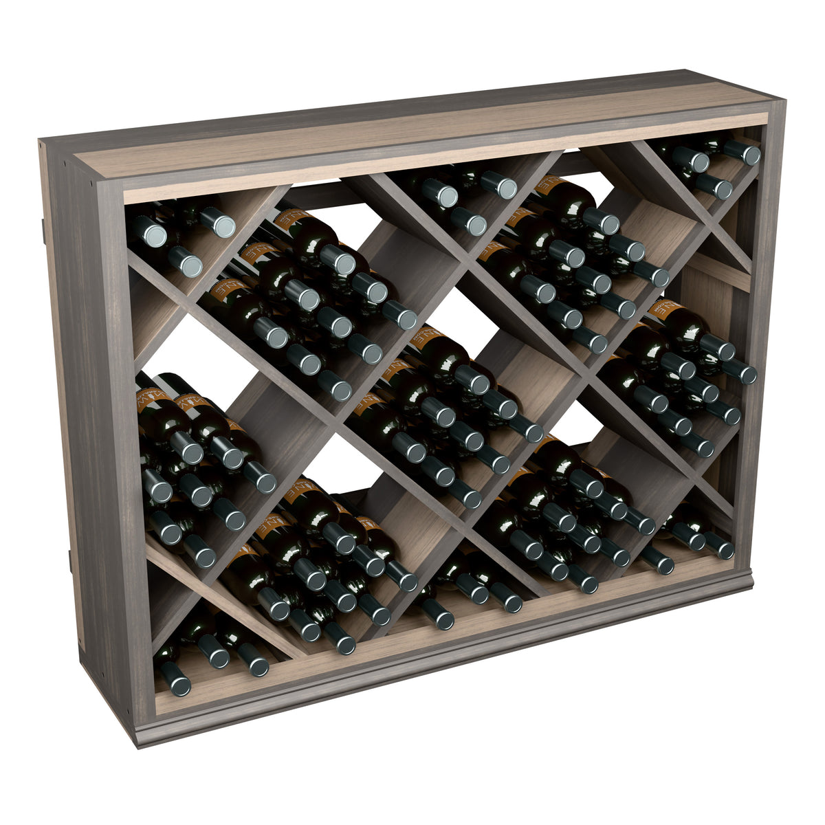 Half-height wooden wine rack with diamond grid, holds dark wine bottles