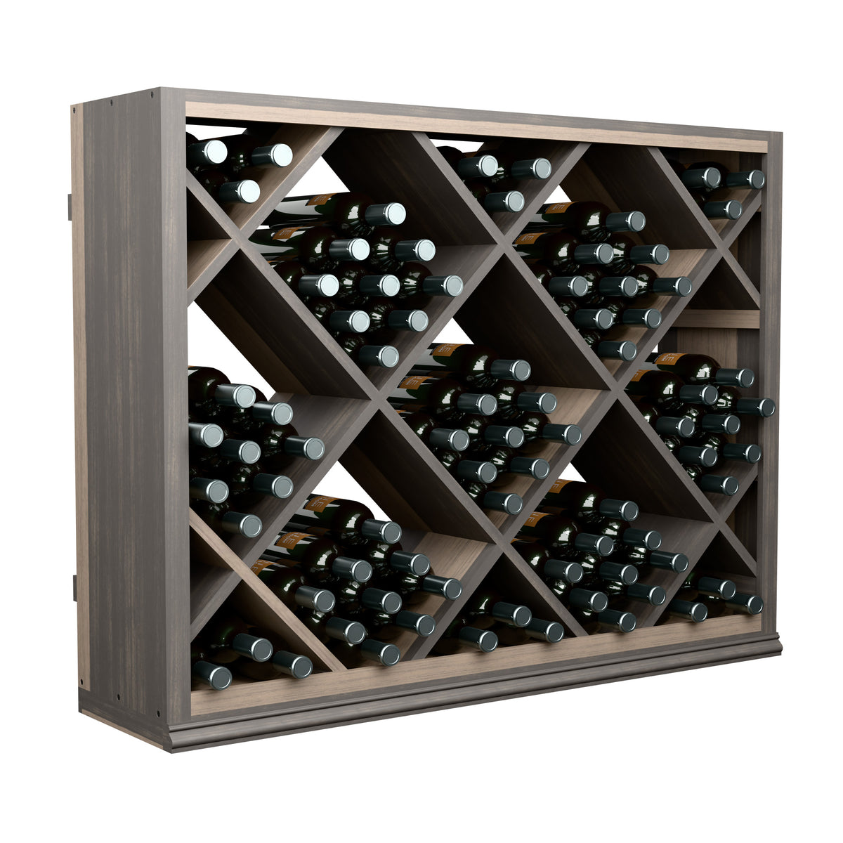 Half-height wooden wine rack open front with diamond-pattern bottle compartments