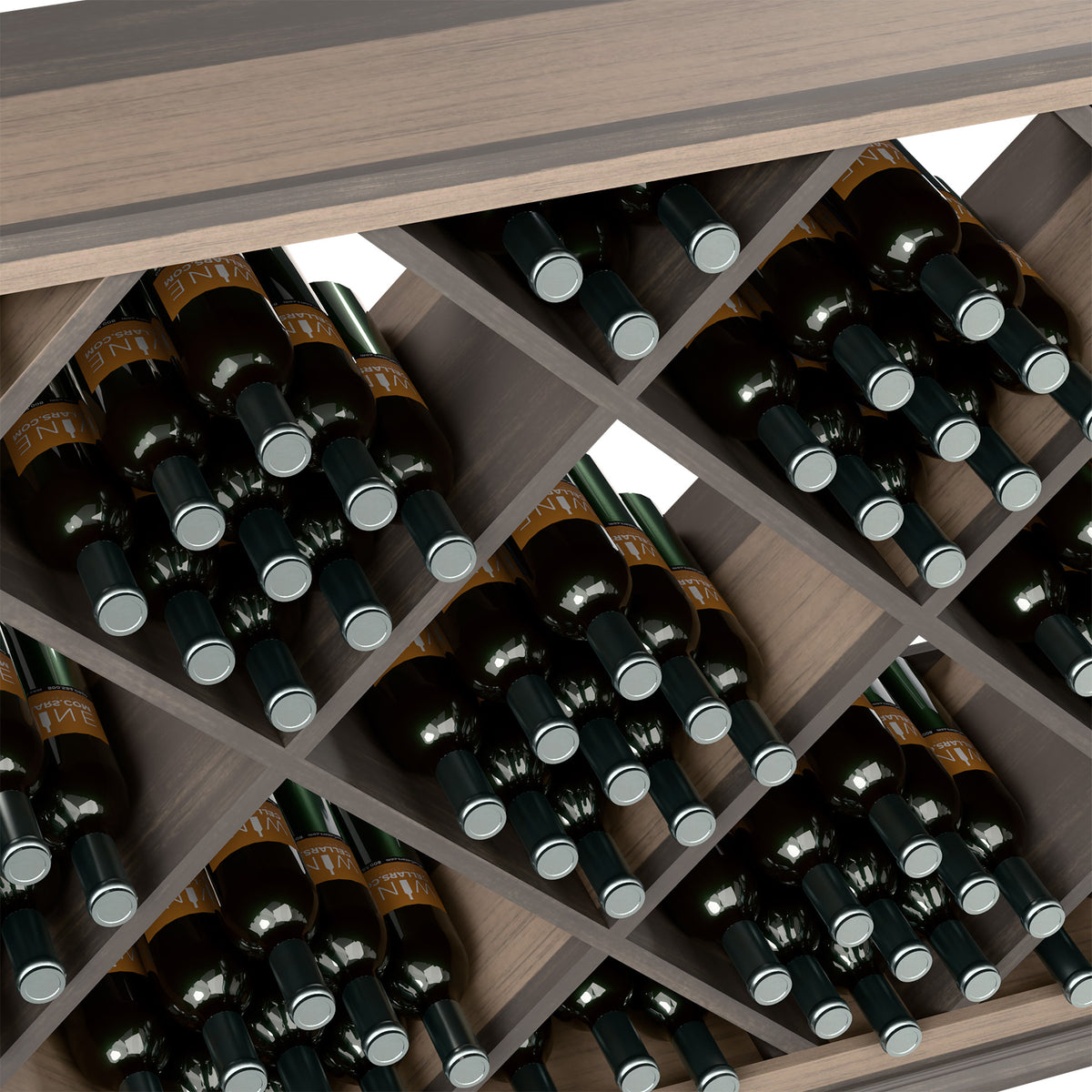 Wooden wine rack interior detail with diamond slots and rows of dark bottles