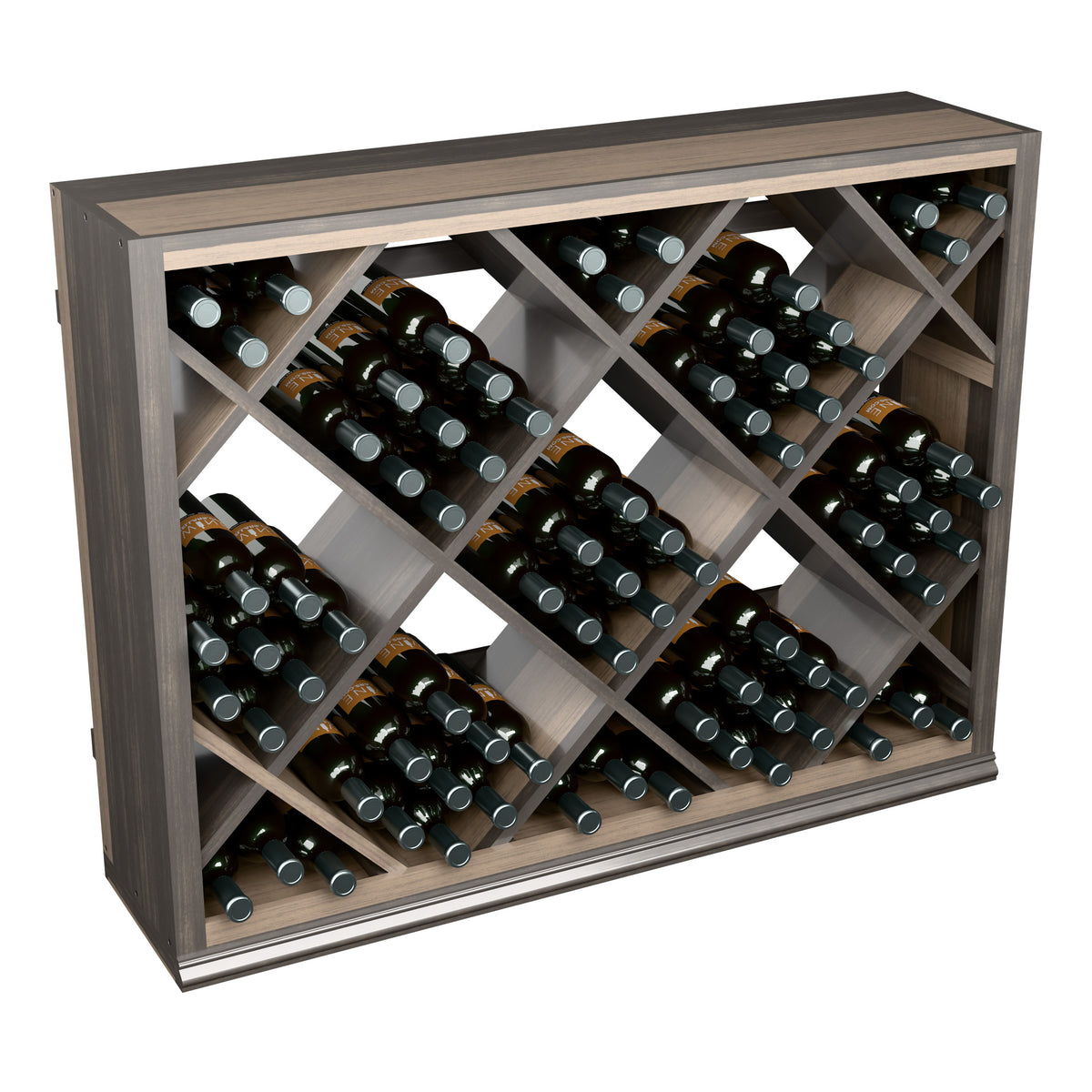 Half-height wooden wine rack front view with diamond lattice bottle storage