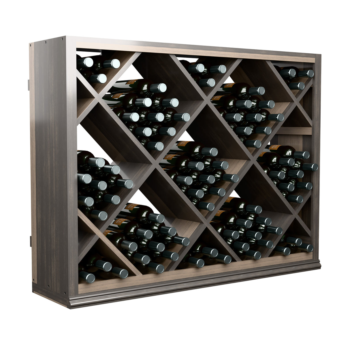 Half-height wooden wine rack with diamond grid, filled with dark wine bottles